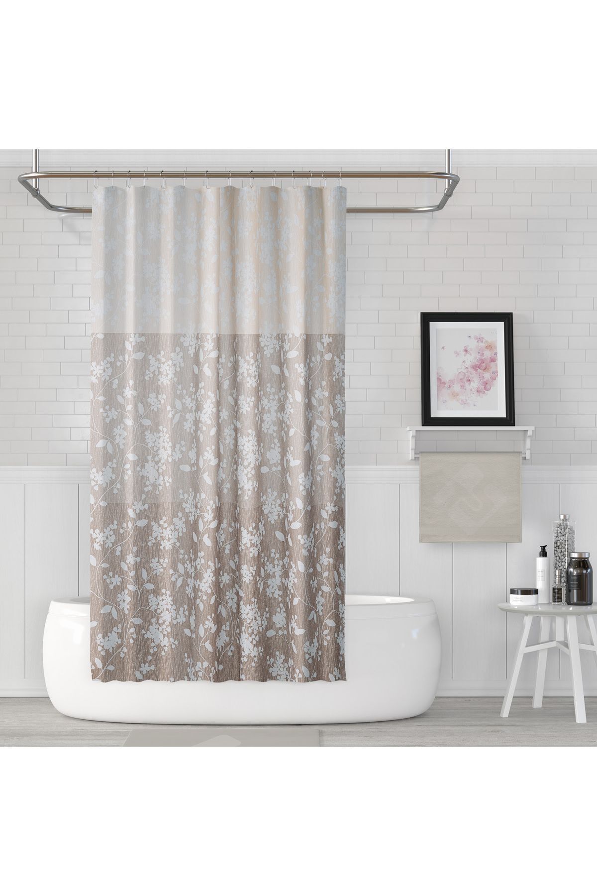 Tropikhome Duş Perdesi Çift Kanat 2x120x200cm Çiçekli Desenli Banyo Perdesi 16 Adet C Halka Hediyeli