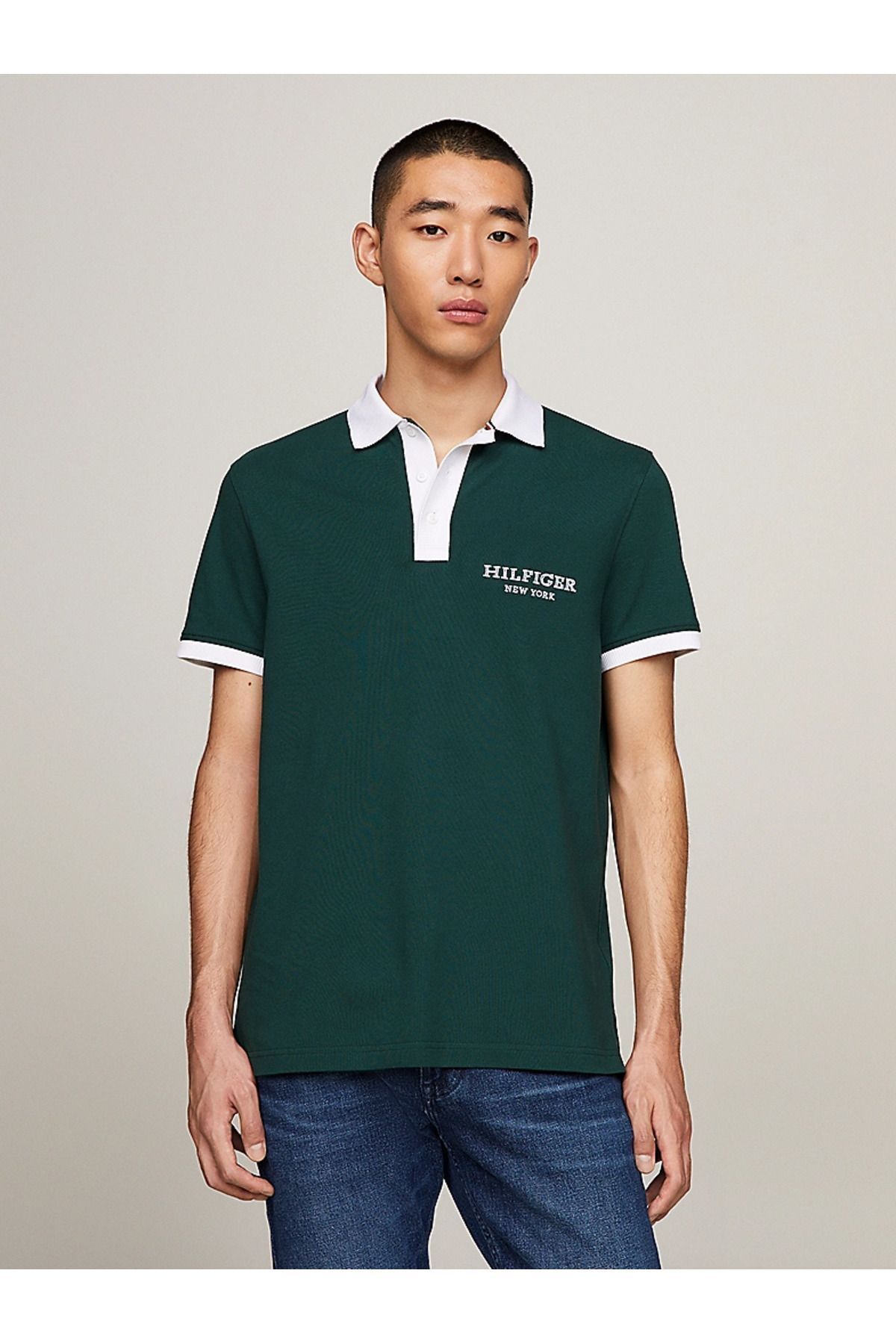 Tommy Hilfiger Erkek Logolu Polo Yakalı Kısa Kollu Düğmeli Yeşil Polo Yaka T-Shirt MW0MW34770-MBP