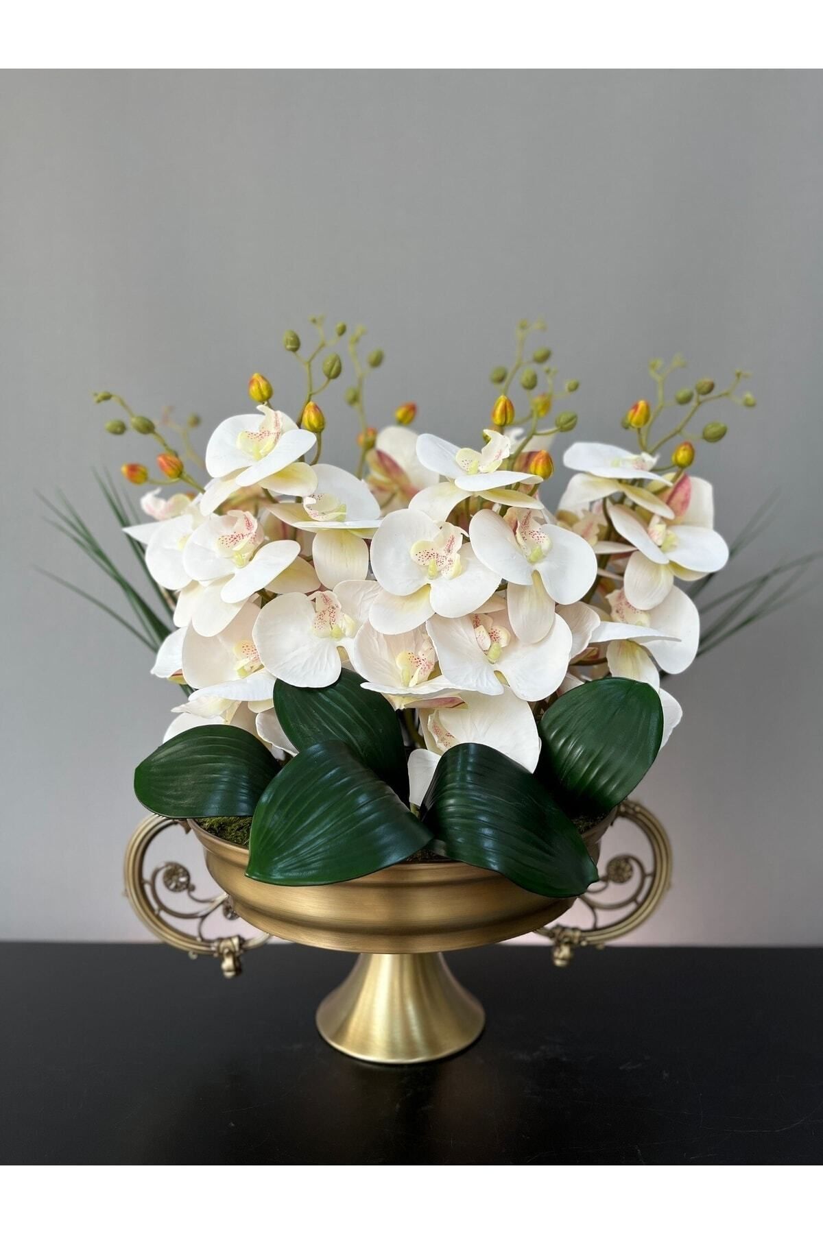 LİLOTEHOME Yapay Luxury Orkide 10 Dal Islak Beyaz Eskitme Mat Gold Zamak Kulplu Saksıda Dikey Model
