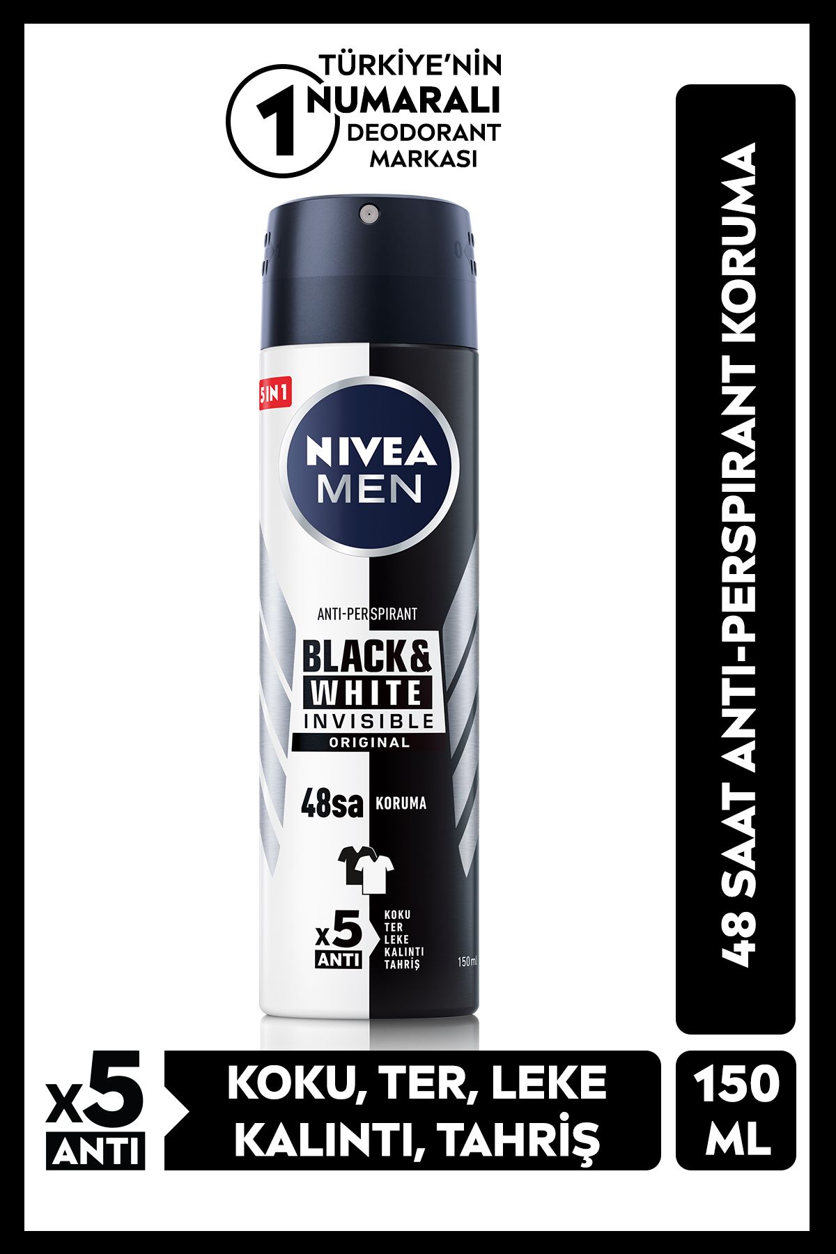 NIVEA MEN Erkek Sprey Deodorant Black&White Invisible Original 150ml, 48 Saat Ter Karşıtı, Erkeksi Koku