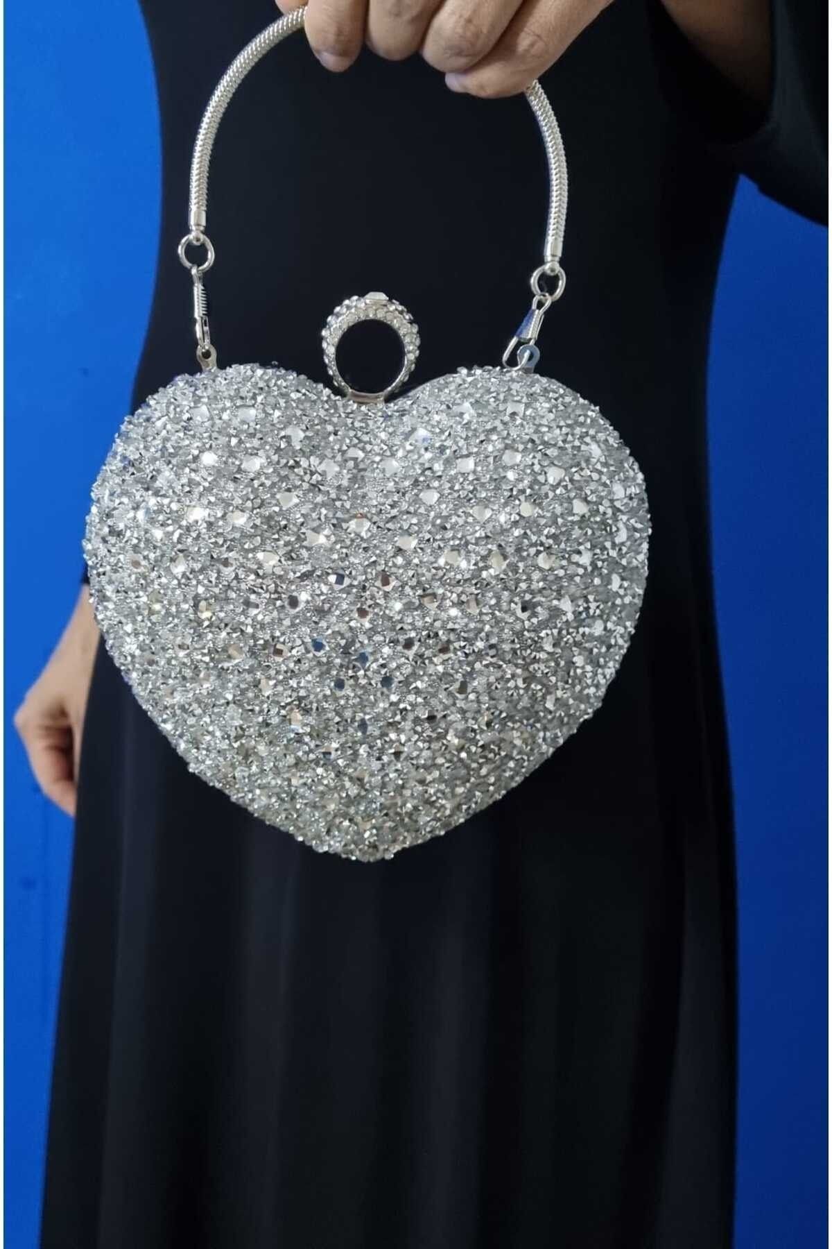 GP GUES POLO kadın gümüş kristal kalpli abiye çantası