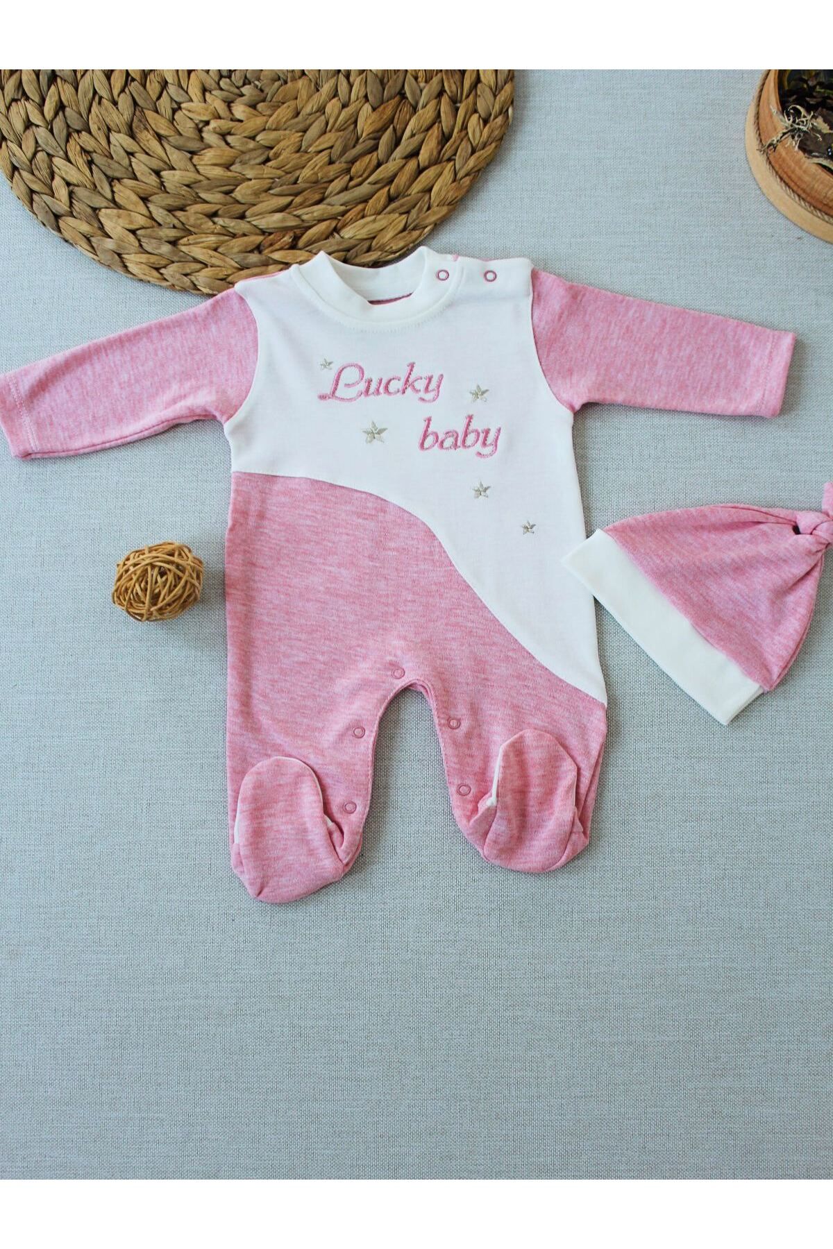 Genel Markalar 0-3 3-6 Ay Lucky Baby Nakışlı Es Çizgi Boy Şapkalı Kız Bebek Tulumu