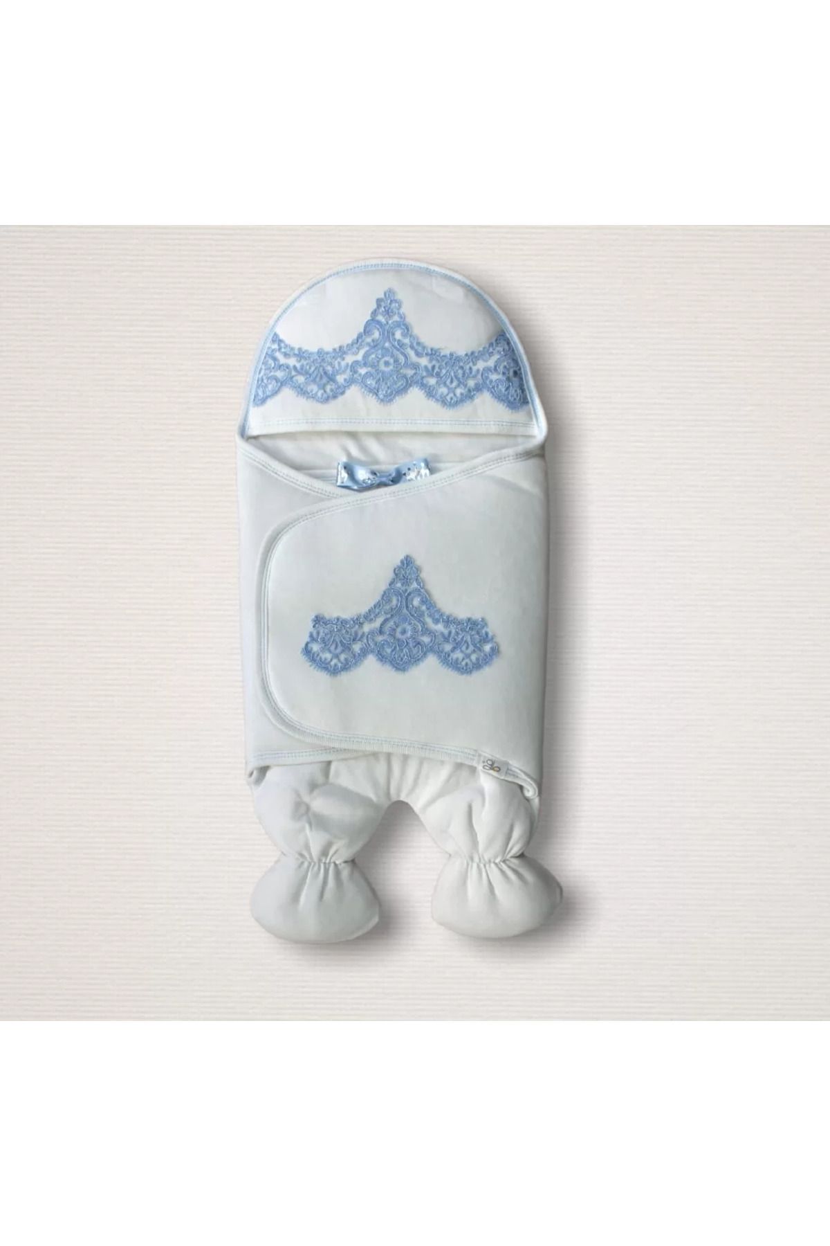Shop58 Yenidoğan Fistolu Fiyonk Kurdelalı Şapkalı Lüks Kız Erkek Bebek Aklı Kundak Bebek Battaniyesi Mavi