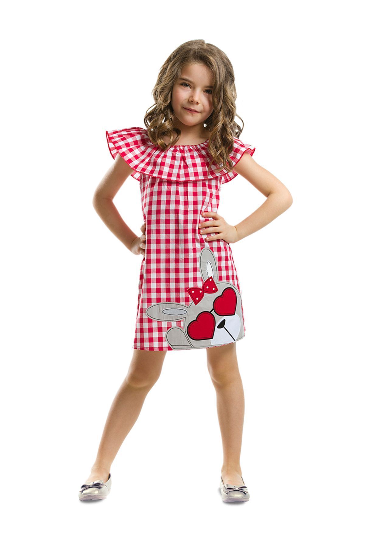 Denokids Kalp Gözlüklü Kız Çocuk Ekose Yazlık Elbise
