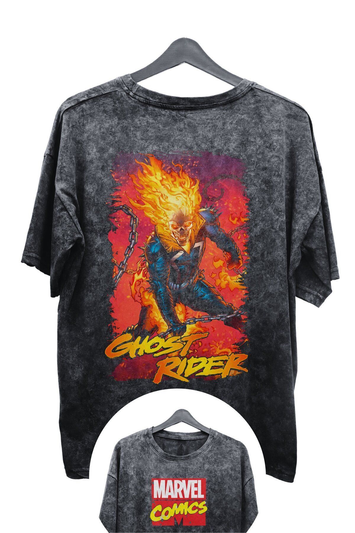 CNGZSHOP Unisex Ghost Rider Baskılı Yıkamalı Tişört, Oversize Marvel Comics Baskılı Retro T-Shirt