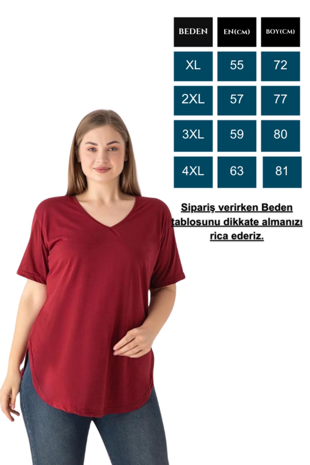 Trendbade Butik Kadın V Yaka Büyük Beden T-shirt Bordo