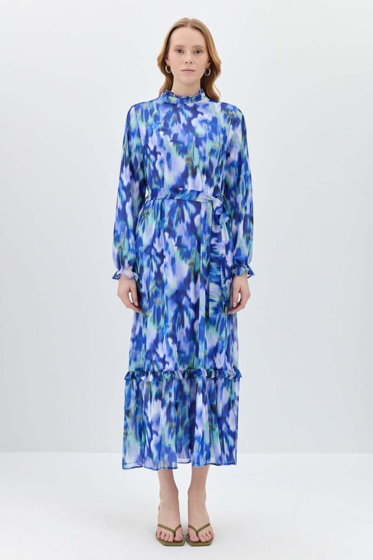Nihan Kuşaklı Çok Renkli Şifon Elbise - Indigo