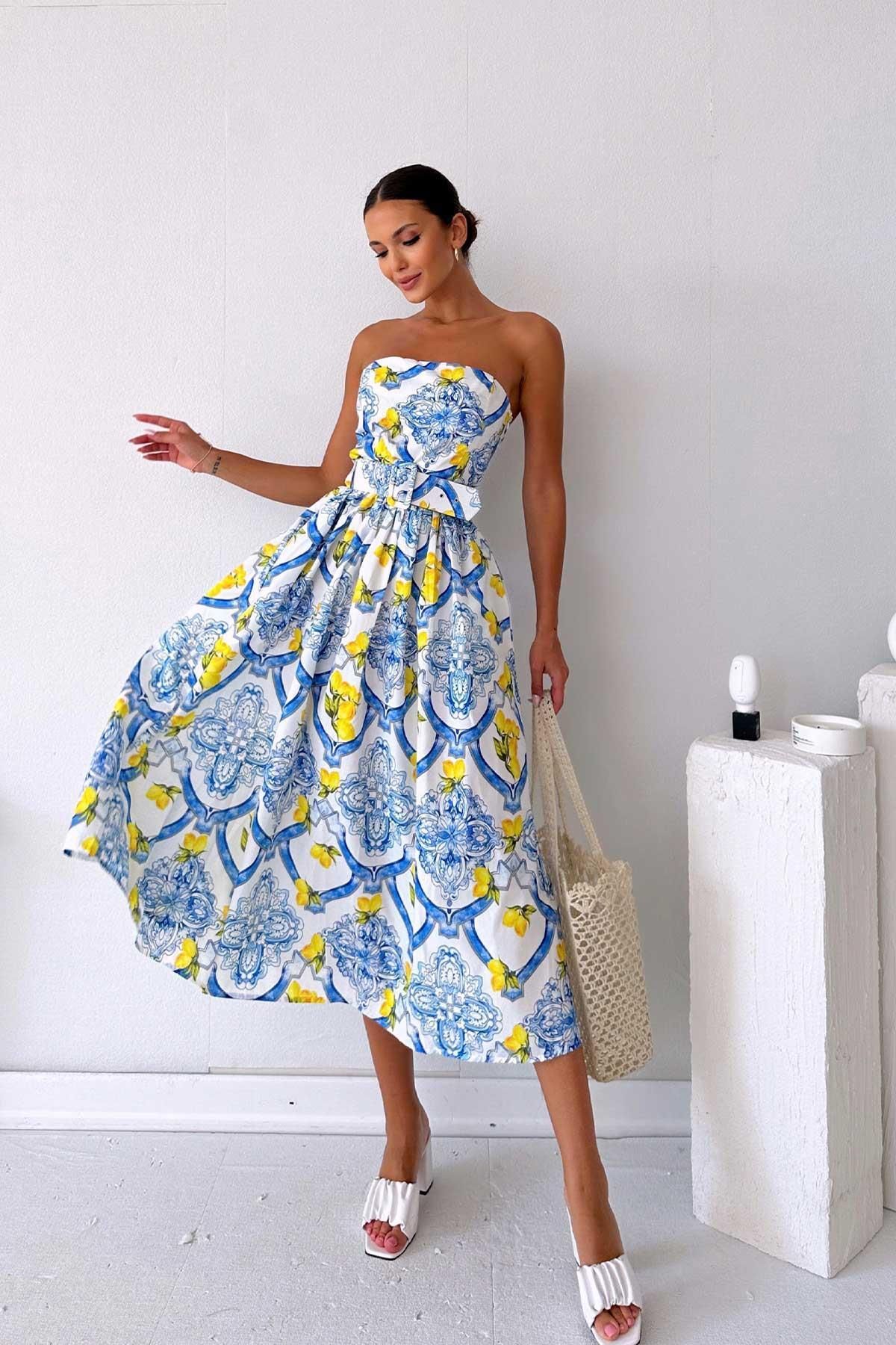3MMM TEKSTİL Straplez Kemer Detaylı Limon Desenli Elbise - Mavi
