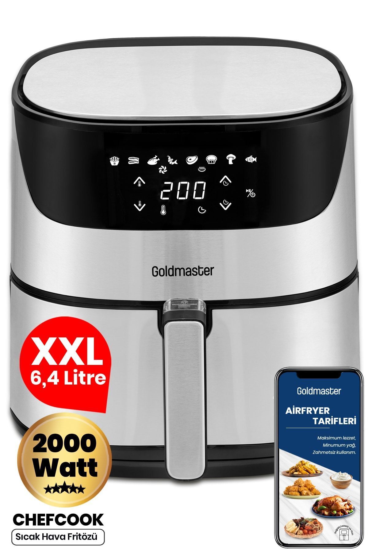 GoldMaster Chefcook 2000 Watt Yüksek Güç 6,4 Litre Inox Geniş Xxl Dokunmatik Airfryer Yağsız Sıcak Hava Fritözü