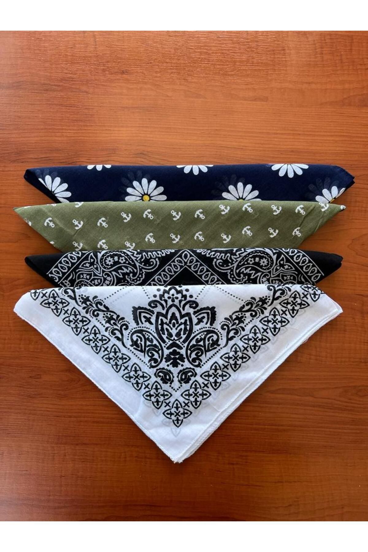 Esila Accessories Unisex 4 Adet Etnik Desenli Bandana Seti (lacivert-beyaz-siyah-haki)