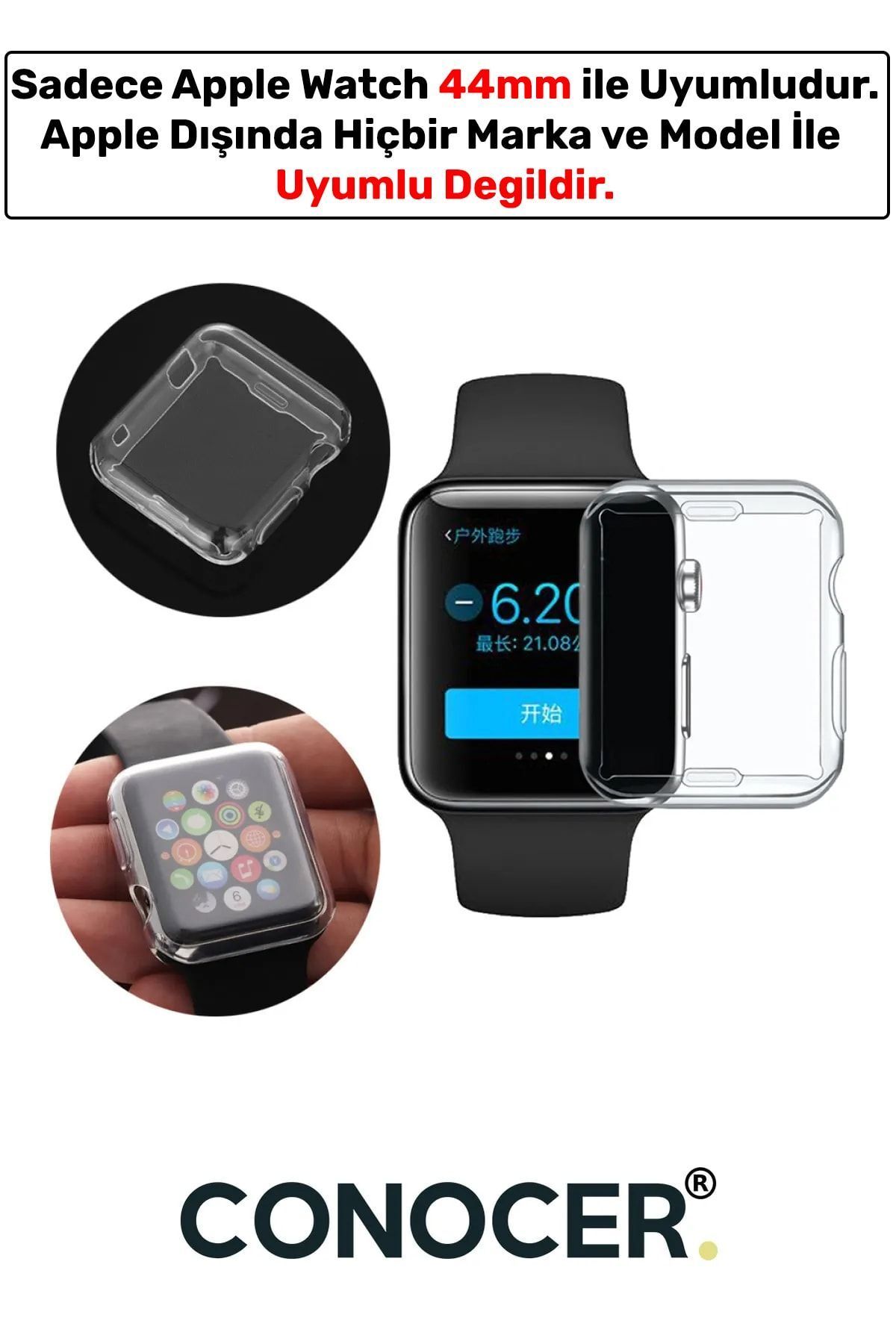 CONOCER Apple Watch 1 2-3-4-5-6-se (44MM) 360 Tam Koruma Şeffaf Silikon Kılıf Yüksek Kalite