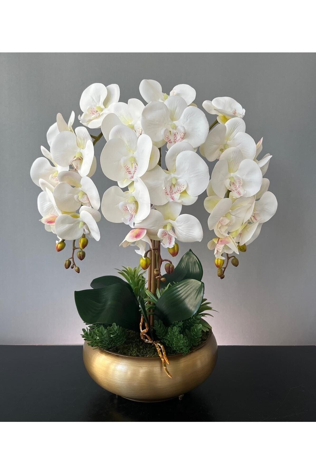 LİLOTEHOME Yapay Islak 3 Beyaz Orkide Aranjman Ufo Eskitme Mat Gold Saksıda