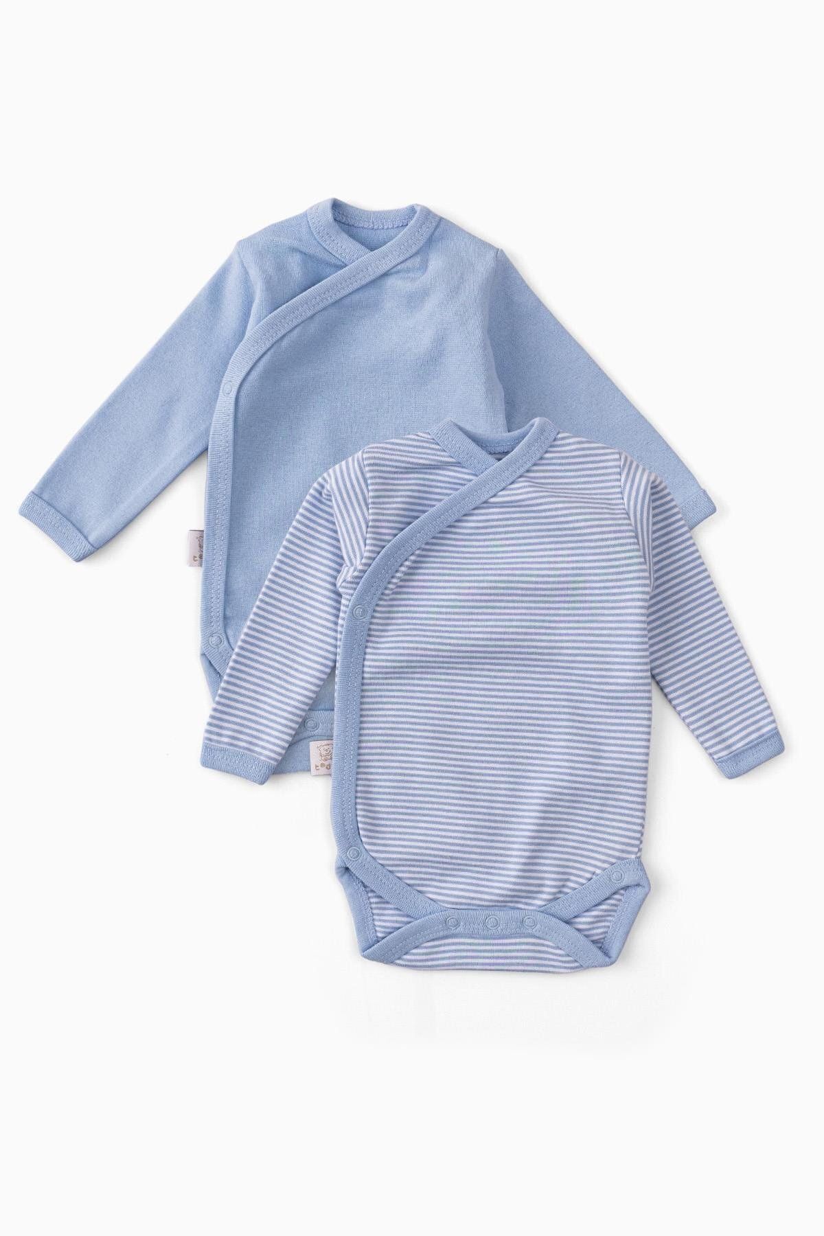 Uygun Bebe 2'li %100 Pamuk Uzun Kollu Kruvaze Bebek Çıtçıtlı Body Zıbın Mavi