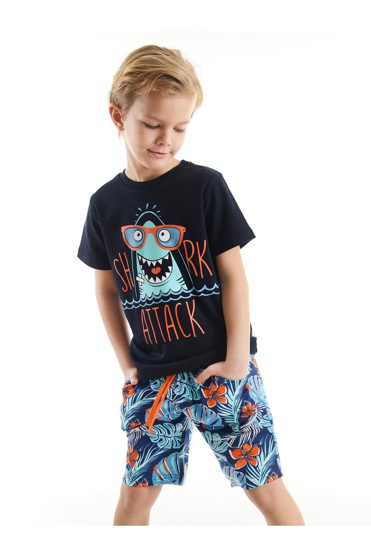 Denokids Shark Hawaii Erkek Çocuk T-shirt Şort Takım