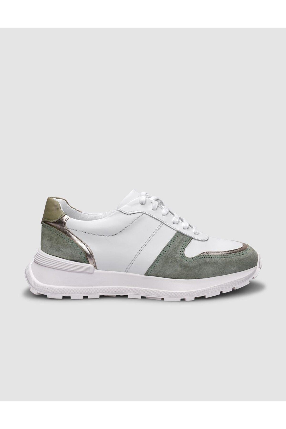 Cabani %100 Hakiki Deri Beyaz - Yeşil Bağcıklı Kadın Spor Ayakkabı
