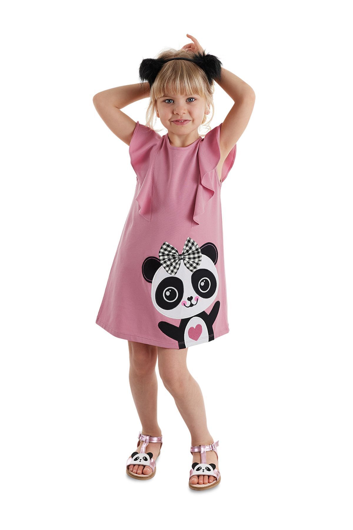 Denokids Panda Fırfır Detaylı Kız Çocuk Pembe Yazlık Elbise