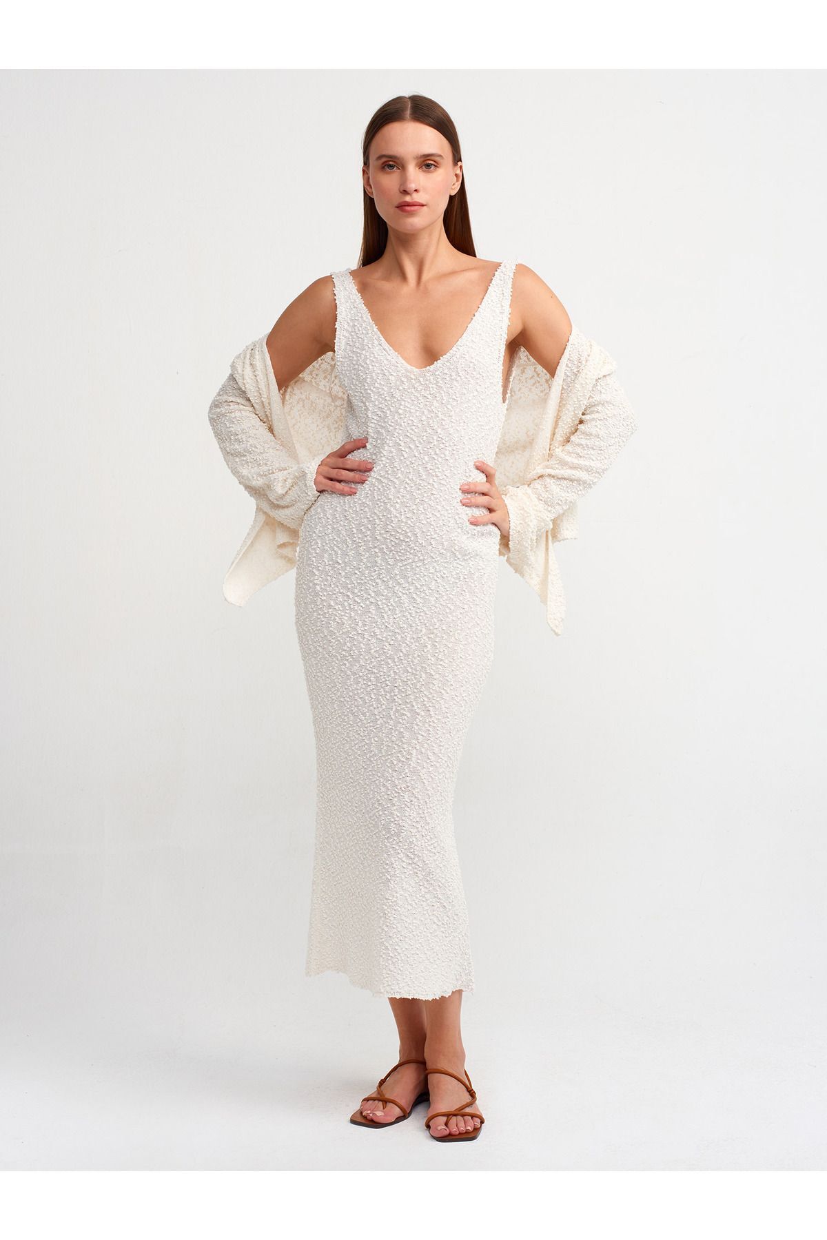 Dilvin 90212 Ön Arka V Yakalı  Askılı Triko Elbise-Beyaz