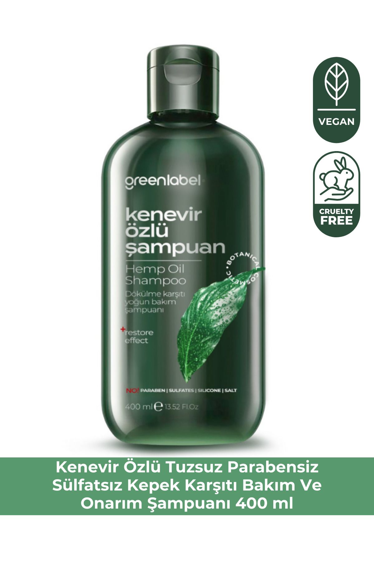 Green Label Greenlabel Kenevir Özlü Tuzsuz Parabensiz Sülfatsız Kepek Karşıtı Bakım Ve Onarım Şampuanı 400ml.