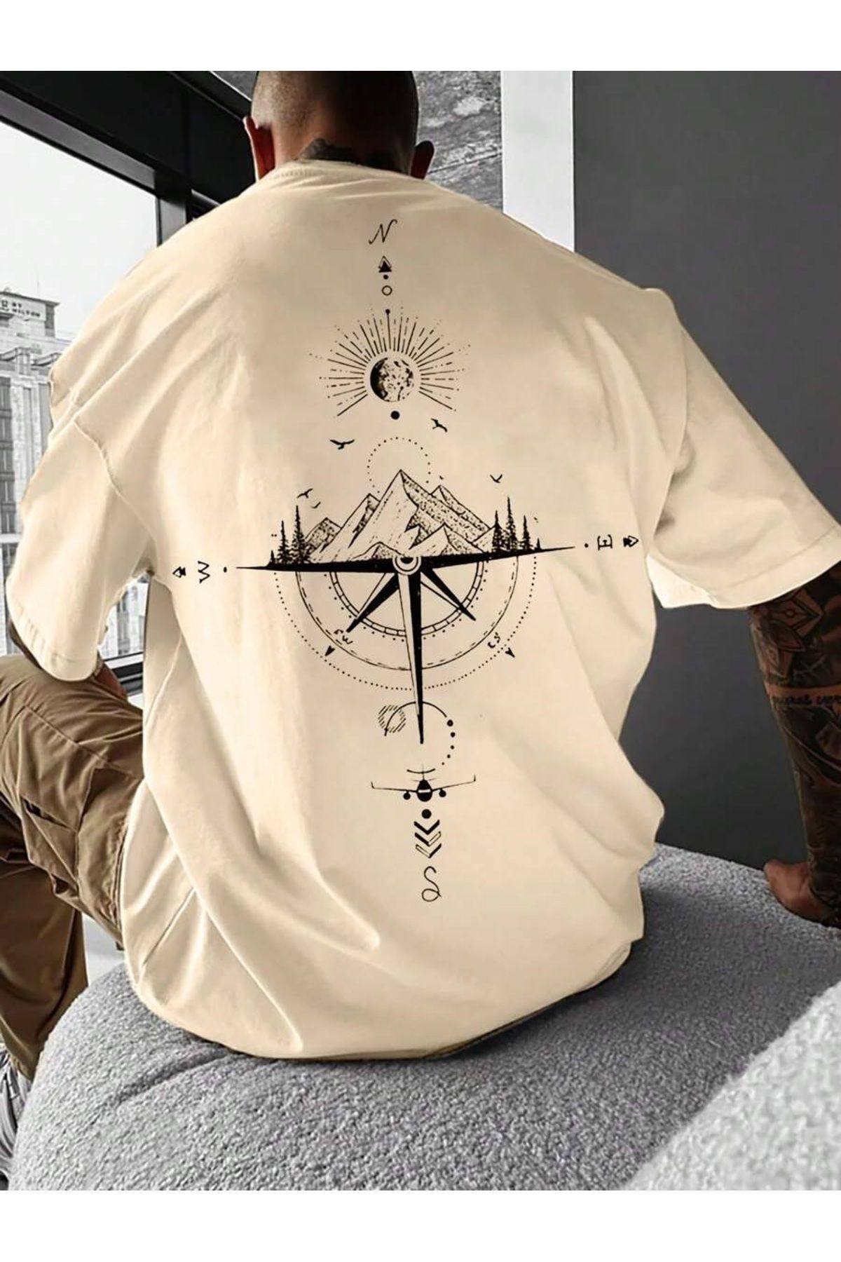 MOONBULL Erkek Kuzey Yıldızı Sırt Baskılı Oversize T-shirt