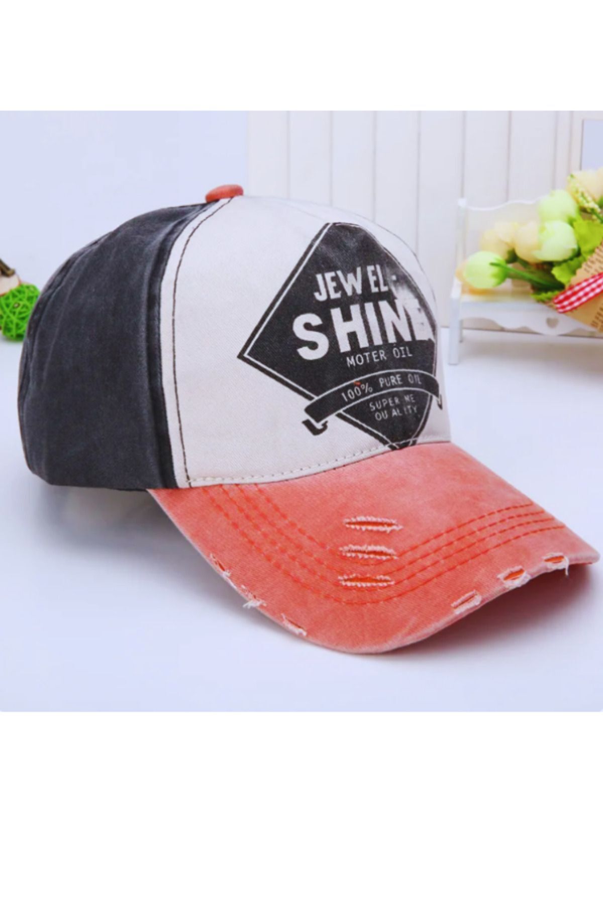 Shuttle Park İthal Unisex Eskitme Jewel Shine Gri Turuncu Tasarım Desenli Hat Şapka