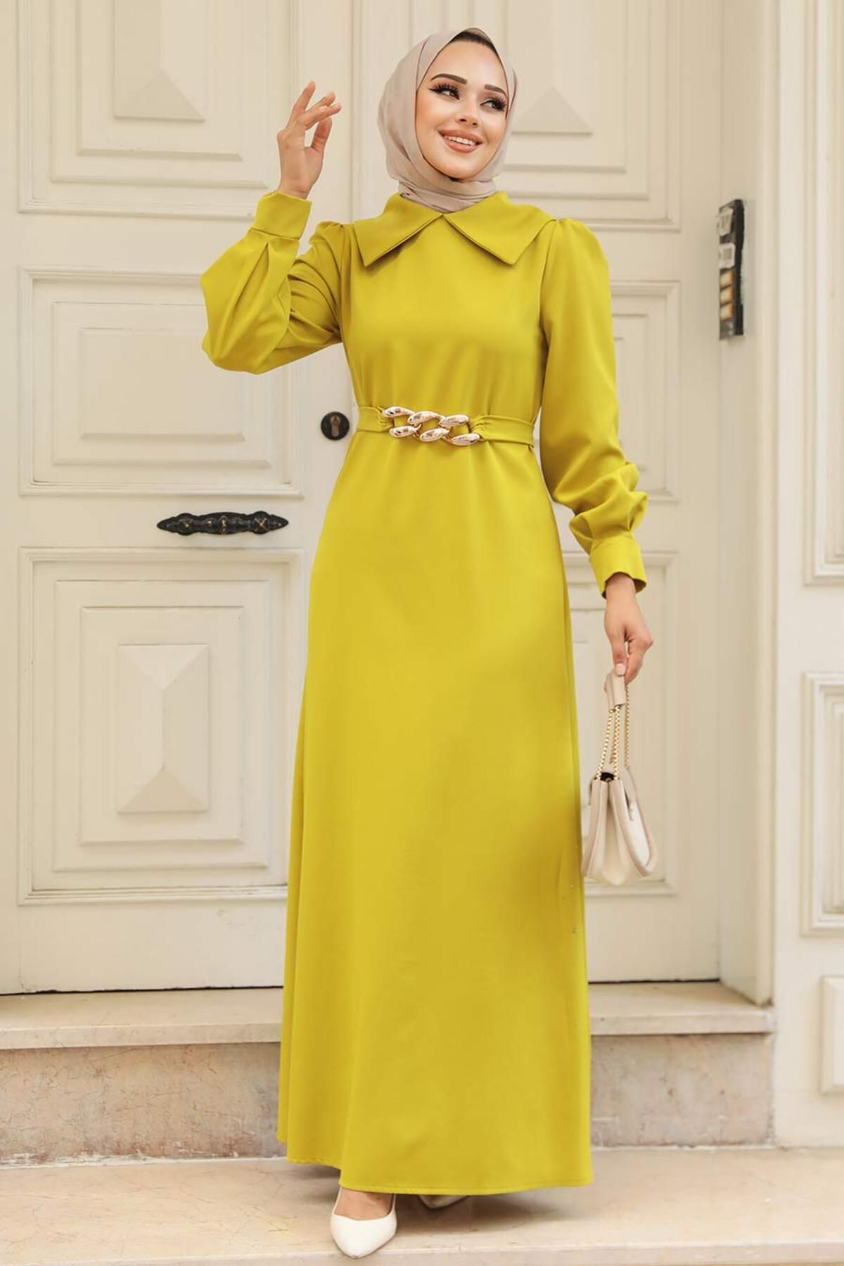 Neva Style - Zincir Detay Kemerli Asidik Sarı Tesettür Elbise 3420as