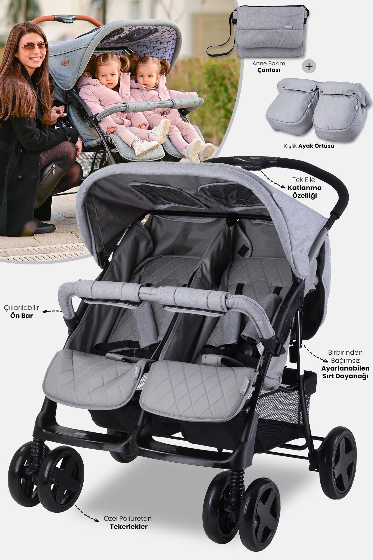 LORELLİ Twin Ikiz Bebek Arabası – Cool Grey