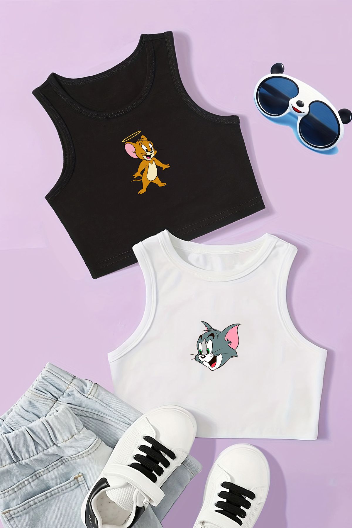MYADA Kız Çocuk Crop Tom ve Jerry Desenli Günlük Baskılı Kız Çocuk Büstiyer