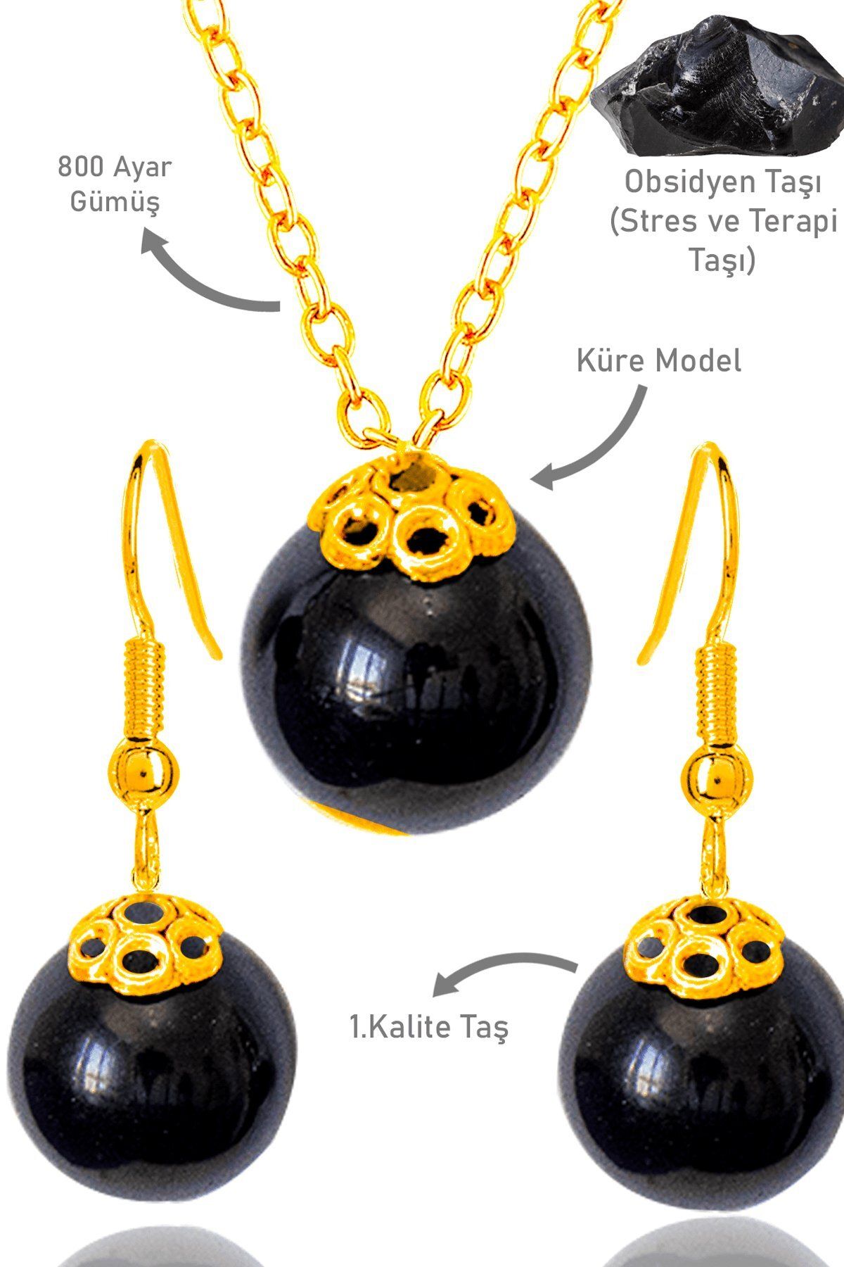 Tesbih Atölyesi Sertifikalı Gold Küre Model Siyah Obsidyen Taşı Kolye ve Küpe Seti - Gümüş Aparatlı-min
