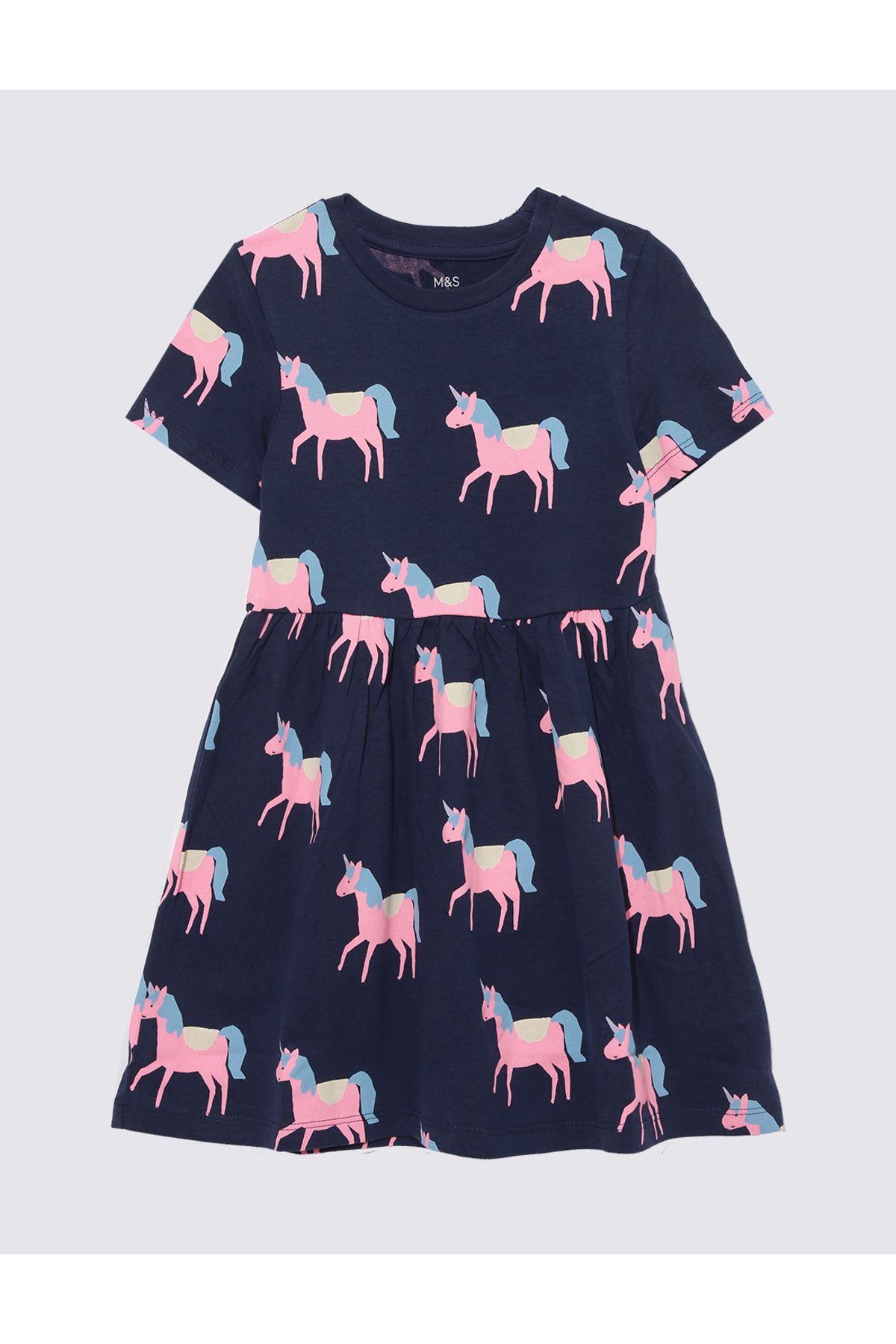 Marks & Spencer Saf Pamuklu Unicorn Desenli Kısa Kollu Elbise (2-7 Yaş)