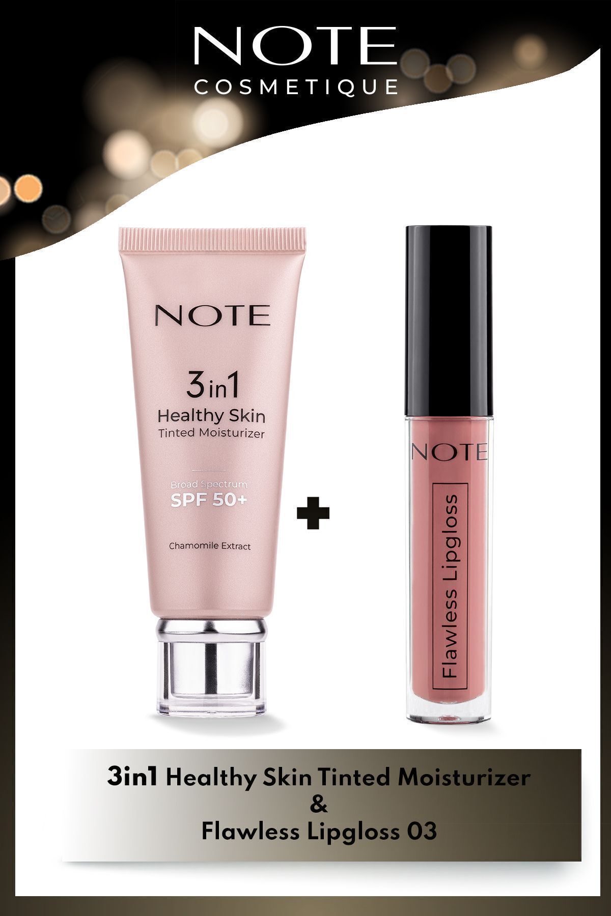 Note Cosmetics 3 In 1 Tinted Ton Eşitleyici 50 Spf Krem & Flawless Lipgloss Ruj 03 - Pembe Makyaj Seti