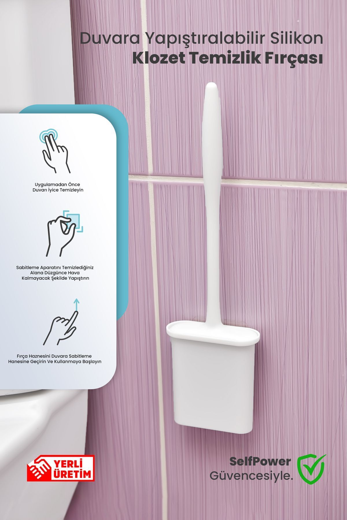 Self Power Beyaz Renk Silikon Duvara Yapışan Bükülebilir Pratik Silikon Wc Klozet ve Tuvalet Fırçası