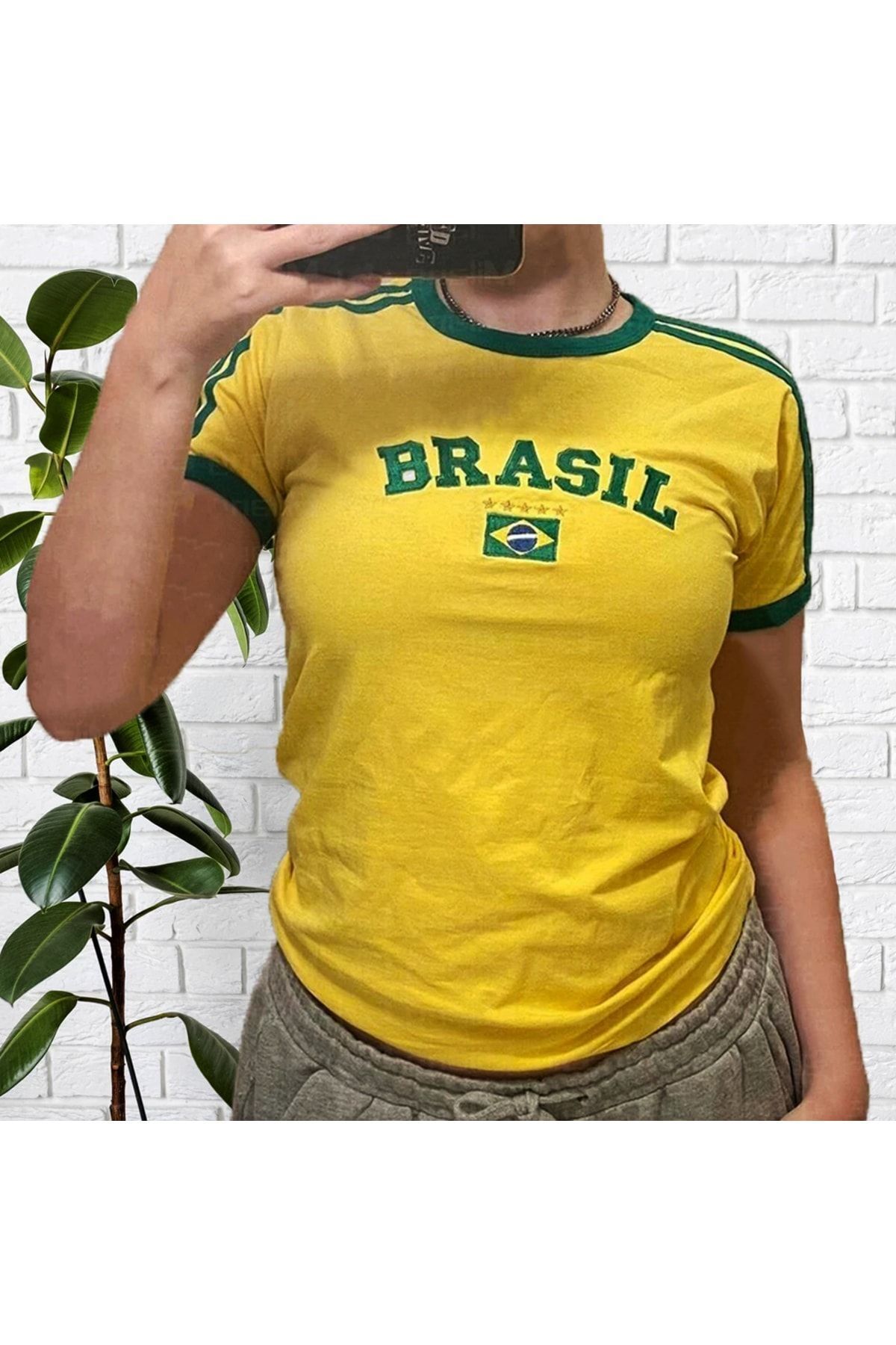 Köstebek Brasil Harajuku Sarı Yeşil Şeritli Yarım Tshirt