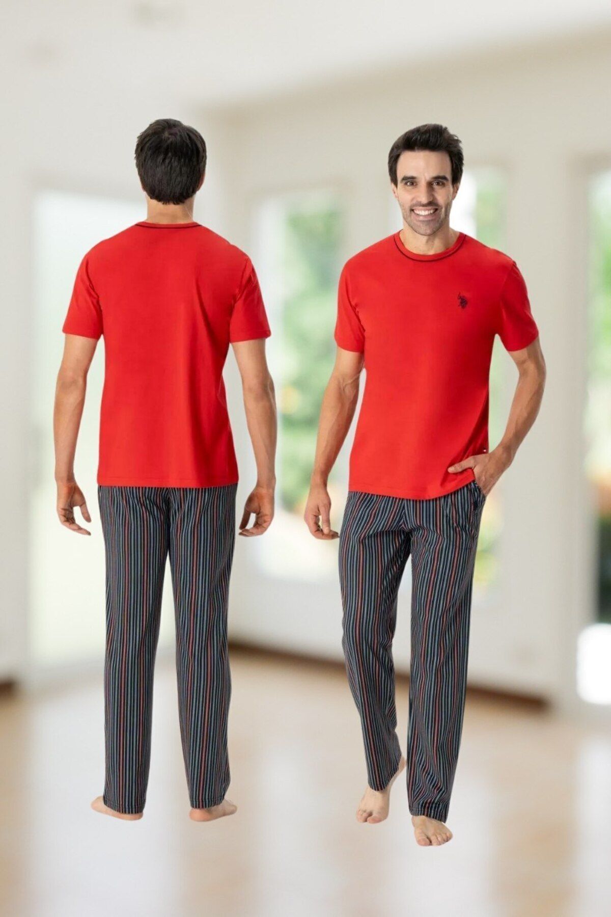 U.S. Polo Assn. Erkek Kırmızı Logolu T-shirt & Boru Paça Cepli Çizgili Yaz sezonu Pijama Takımı