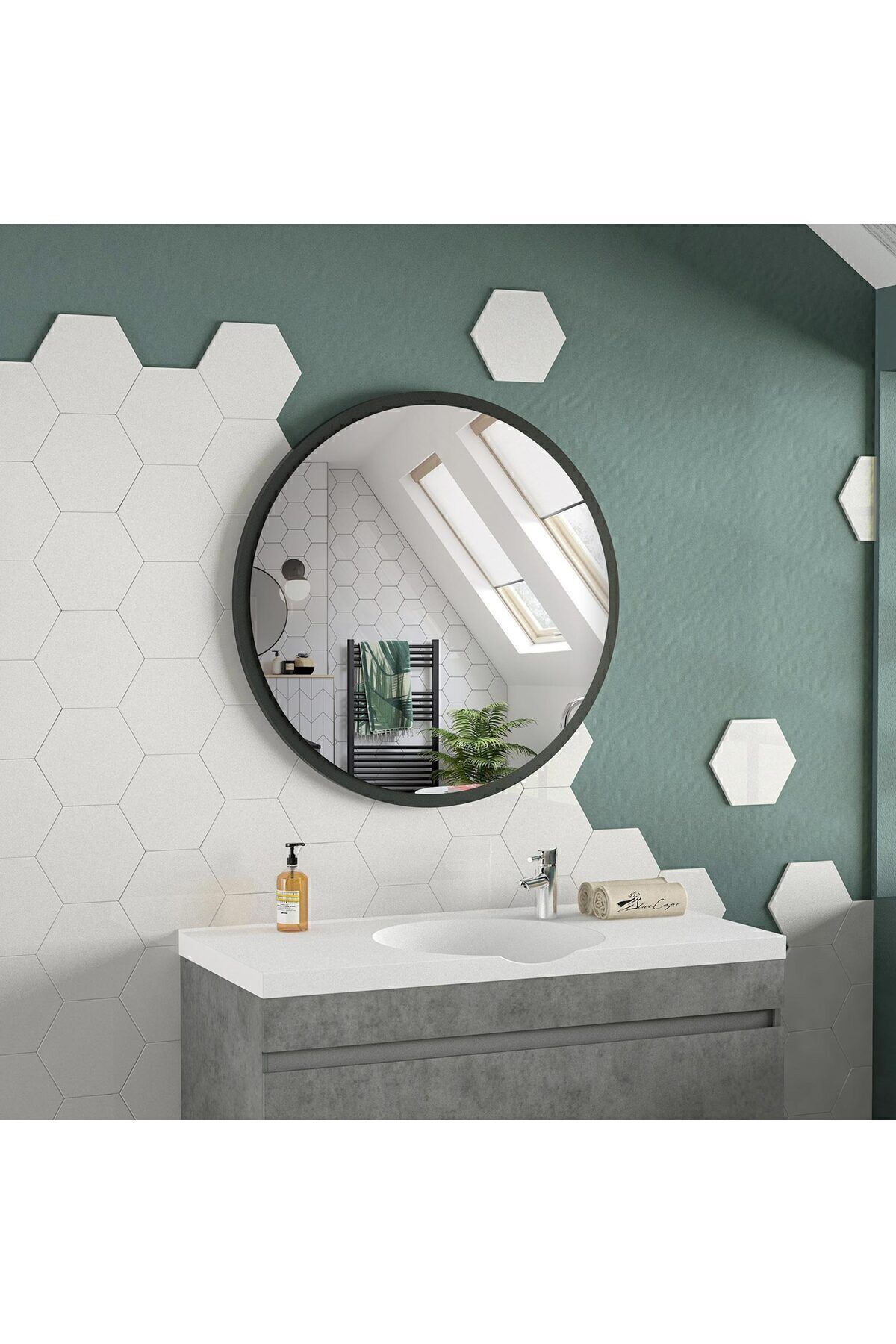 Bofigo 60 Cm Porto Banyo Aynası Dekoratif Lavabo Aynası Yuvarlak Ayna Antrasit