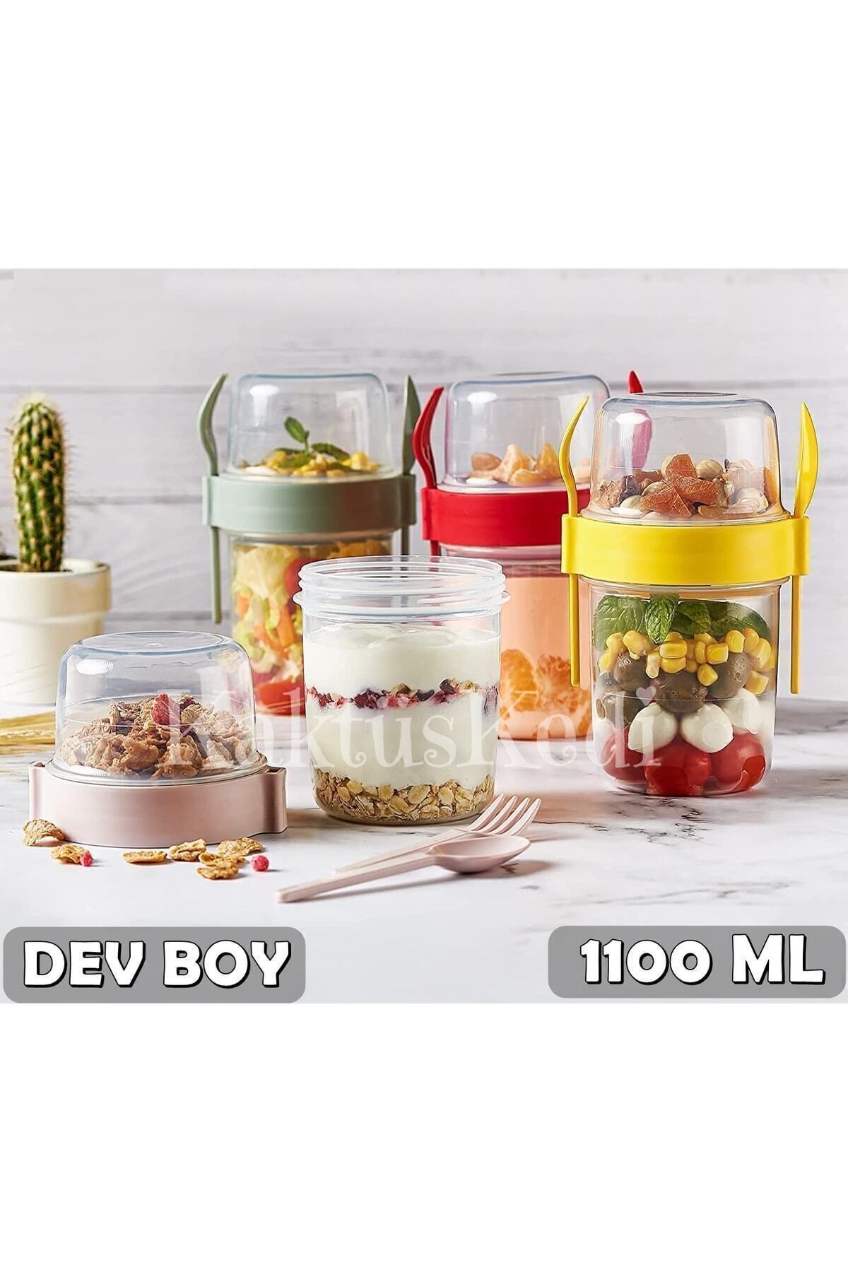 KaktüsKedi Dev Boy 4 'lü Set Meyveli Yoğurt Kabı - Yemek Saklama Ve Müsli Kabı