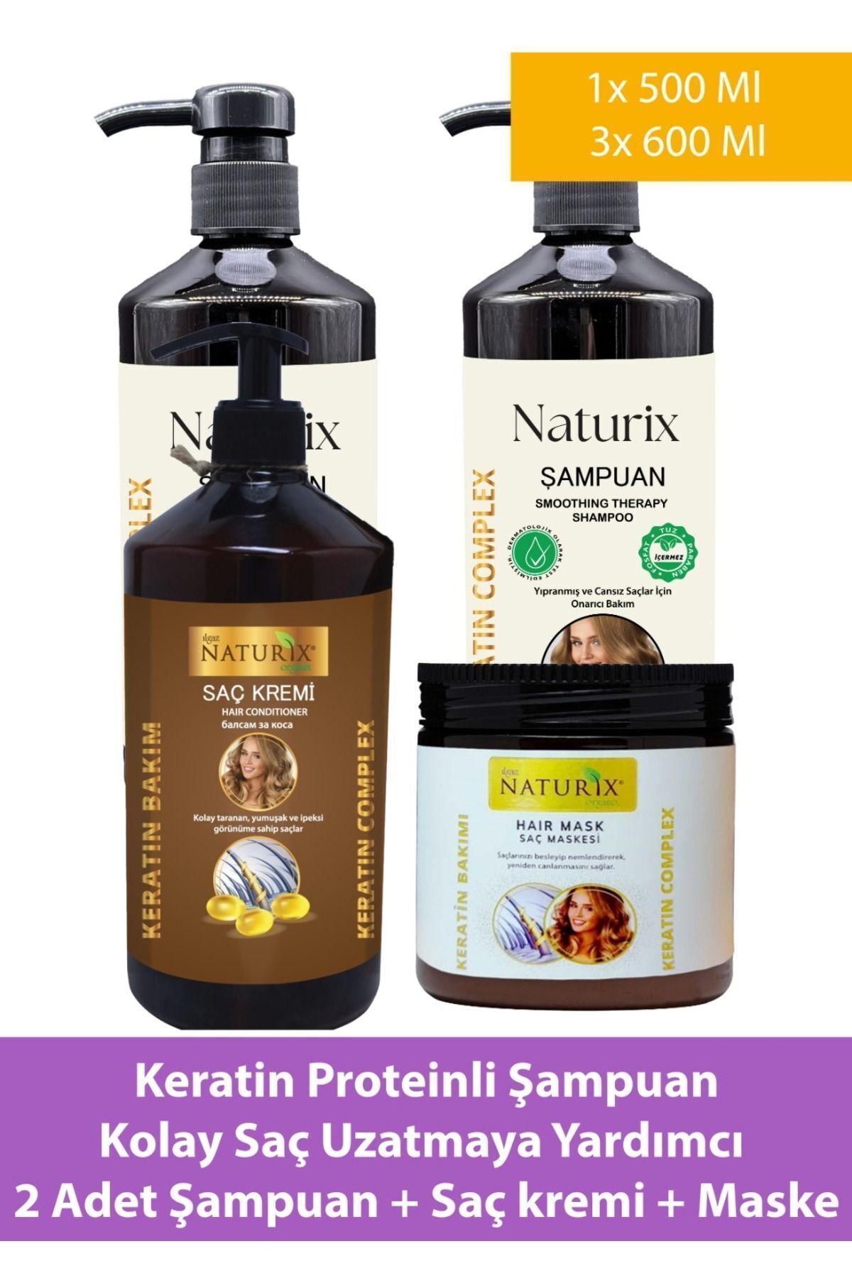 Ilgaz Naturix Organix Tuzsuz Şampuan Saç Güçlendirici 2 Adet Keratin Şampuan + Keratin Saç Kremi + Keratin Saç Maskesi