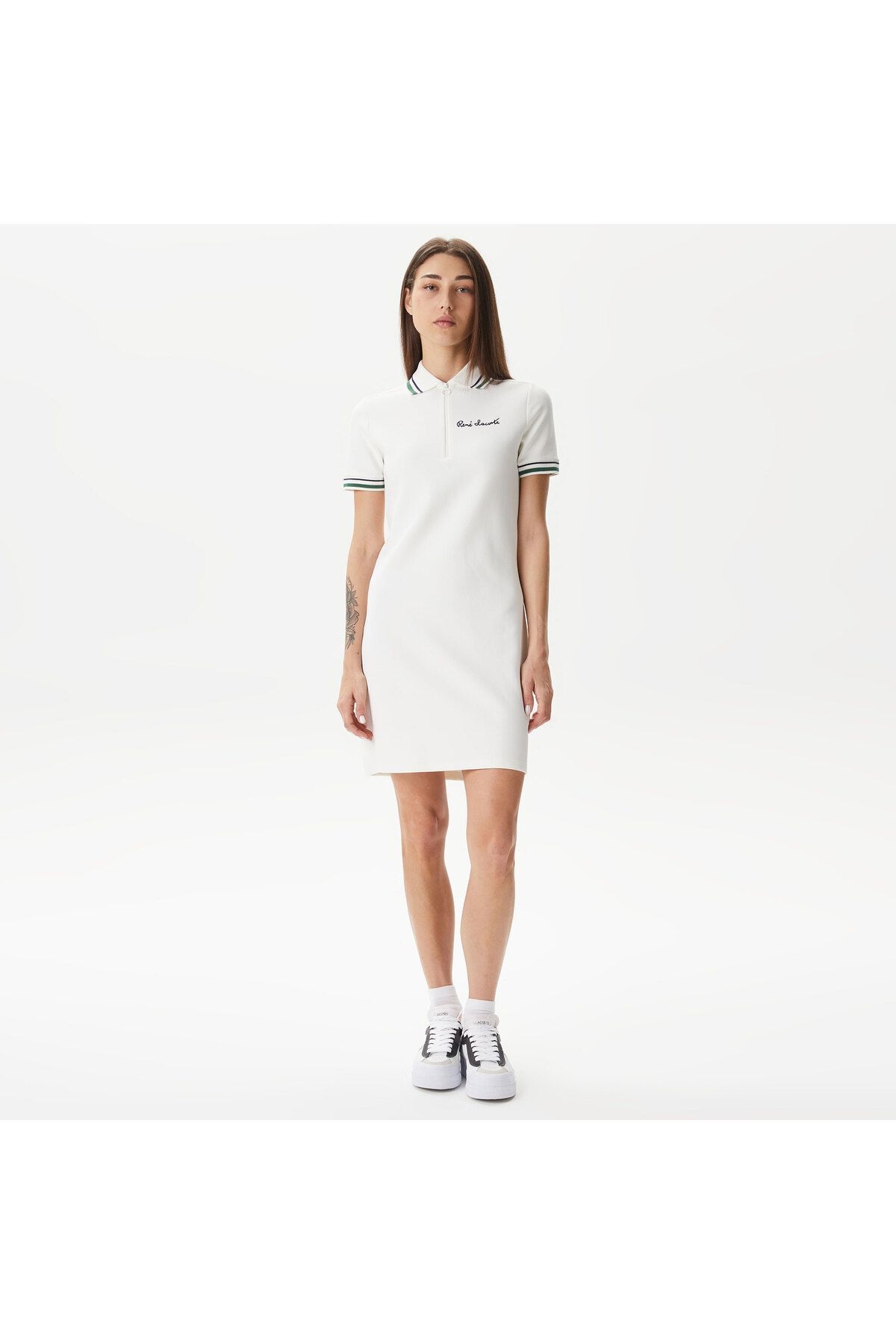 Lacoste Kadın Straight Fit Yarım Fermuarlı Beyaz Elbise