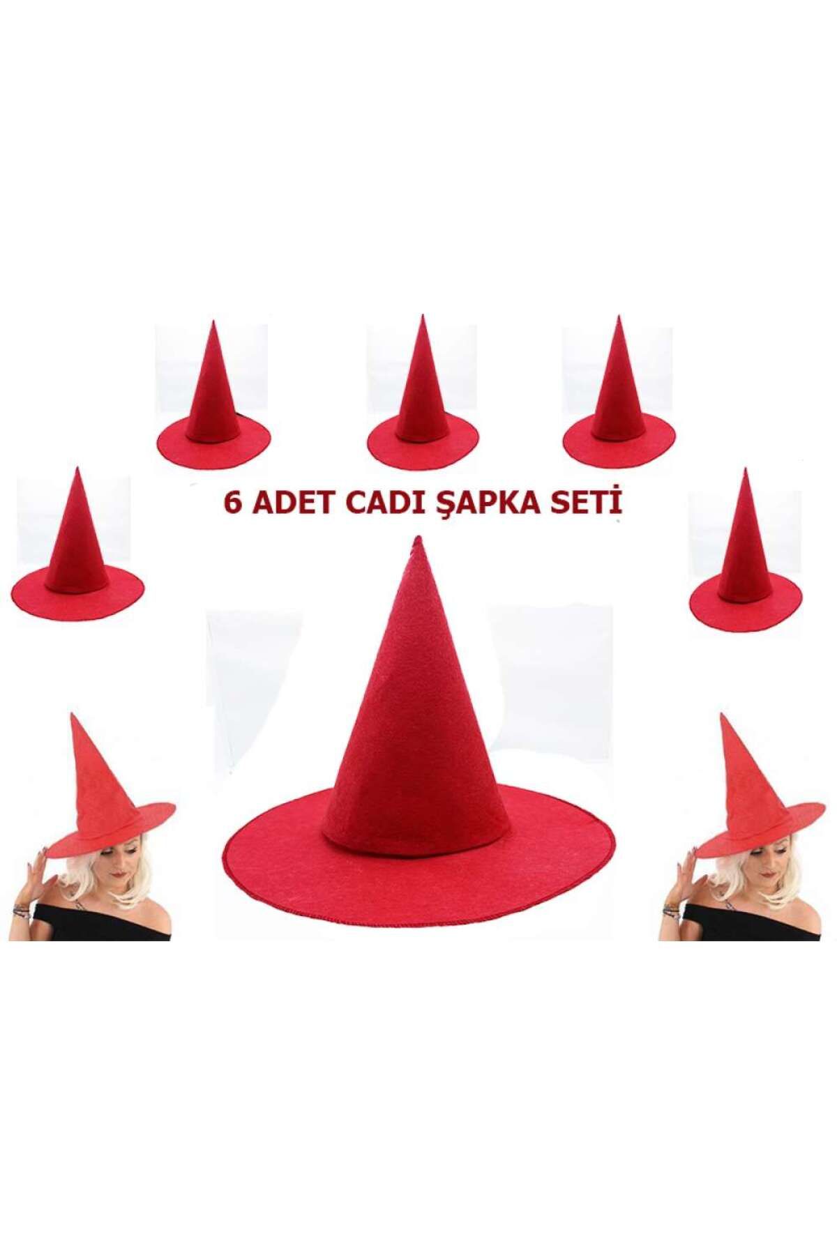 Genel Markalar Kırmızı Renk Keçe Cadı Şapkası Yetişkin Çocuk Uyumlu 6 Adet