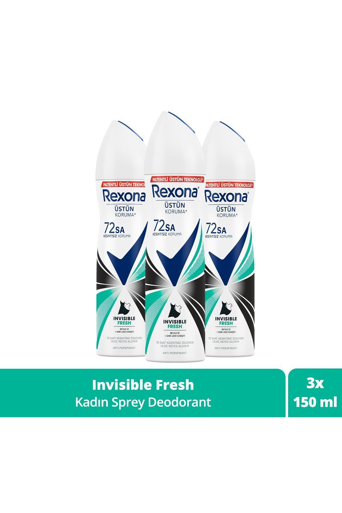 Rexona Kadın Sprey Deodorant Invisible Fresh Deep 72 Saat Kesintisiz Üstün Koruma 150 ml X3