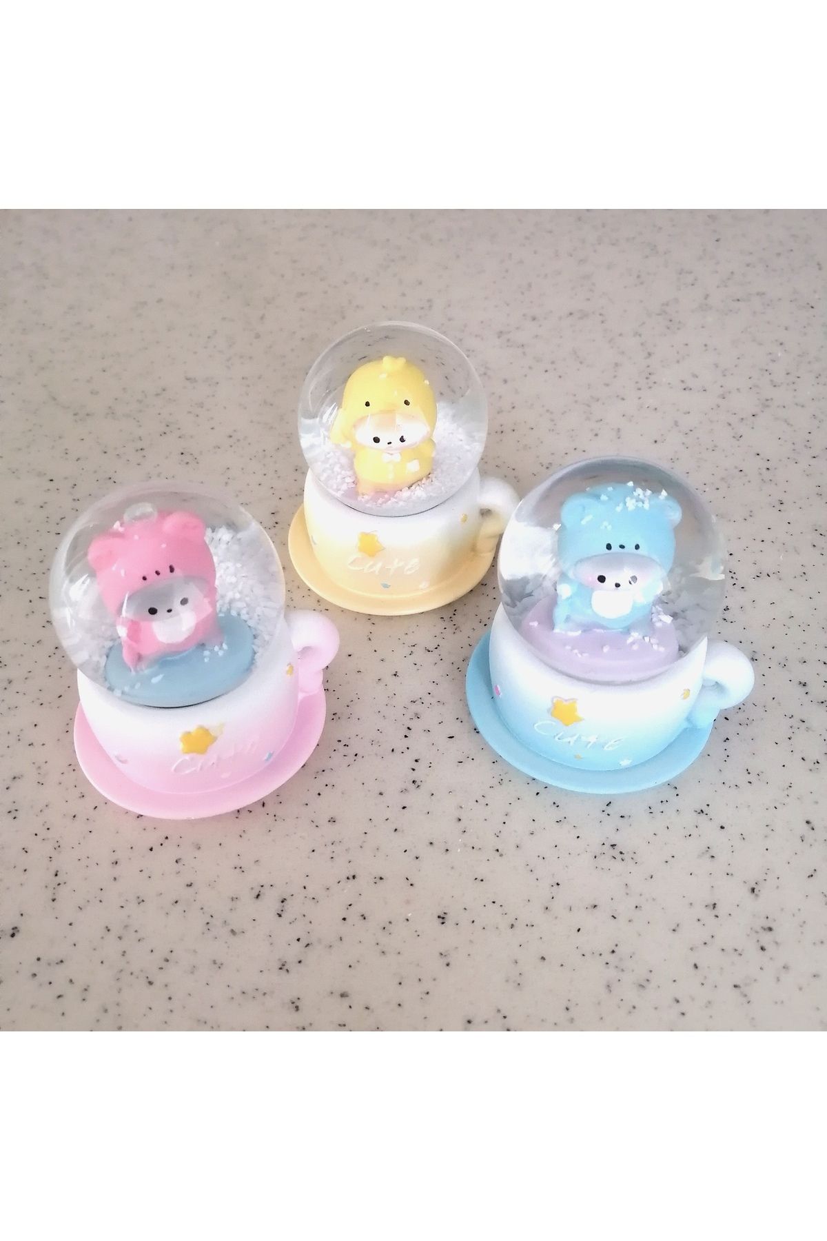 EYO 3lü mini boy ışıklı pilli dekoratif hediyelik cam minik kar küresi ayıcıklı fincanlı 3 adet set