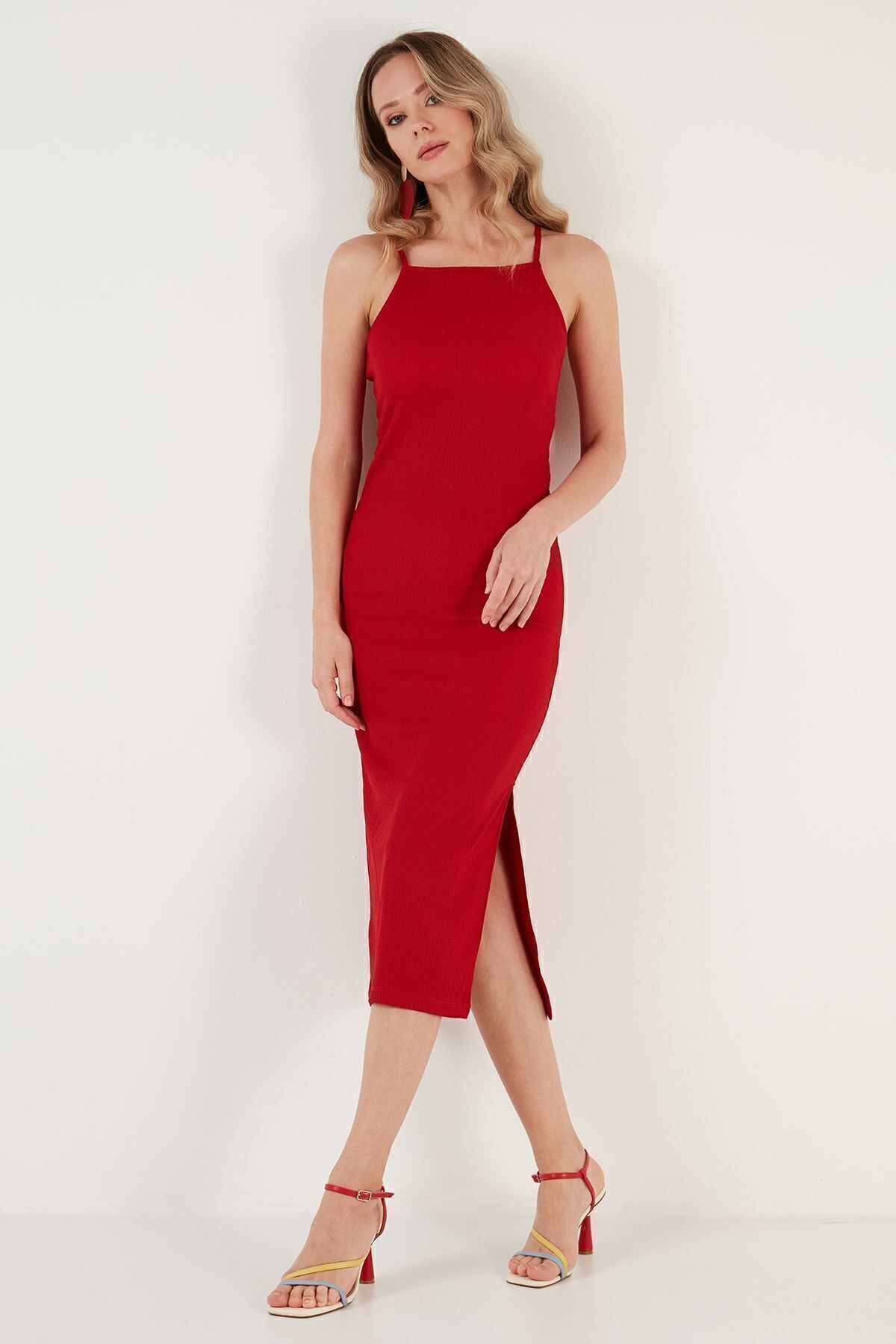 Lela İp Askılı Fitted-Vücuda Oturan Yırtmaçlı Midi Elbise ELBİSE 5865573