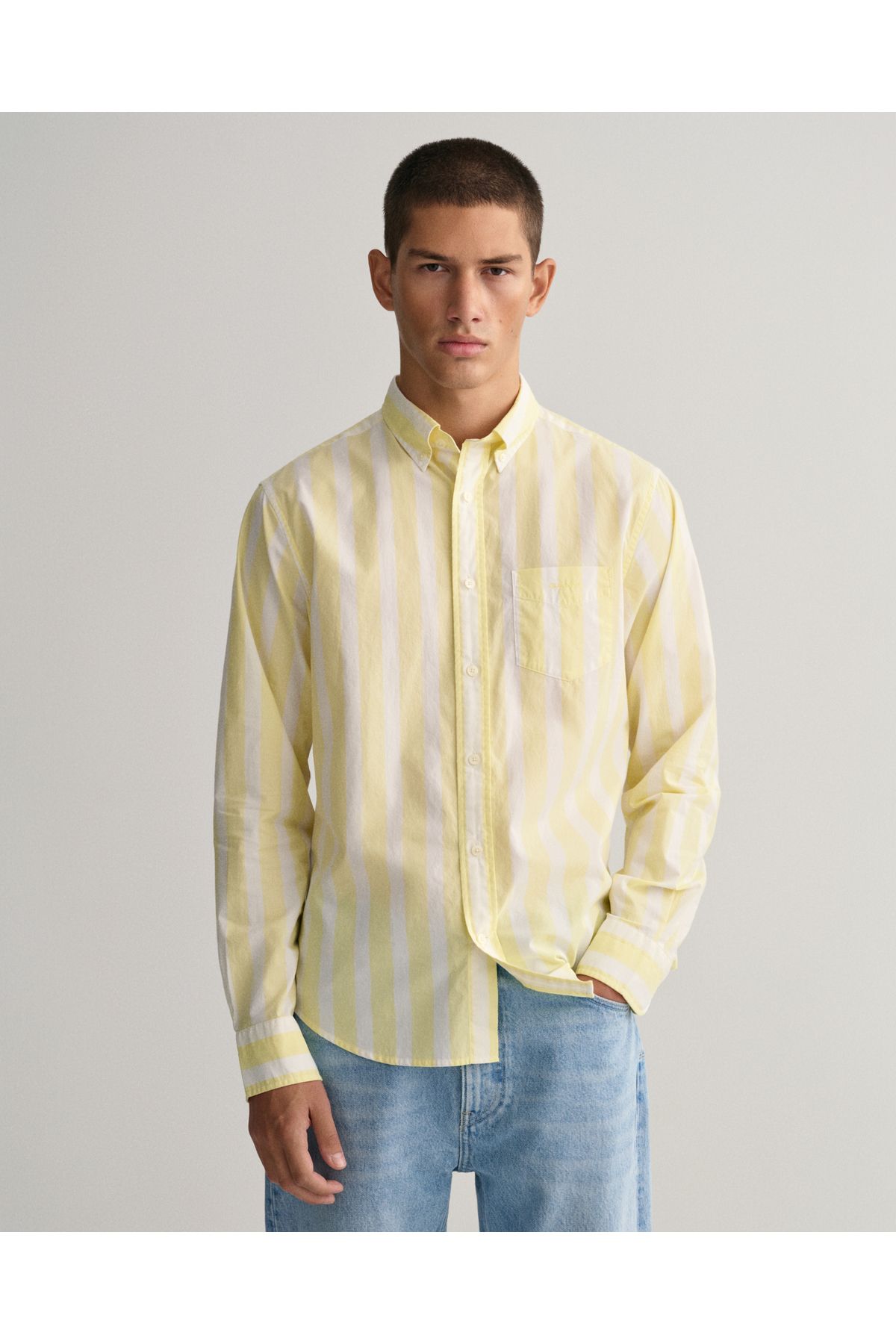 Gant Erkek Sarı Regular Fit Düğmeli Yaka Çizgili Gömlek