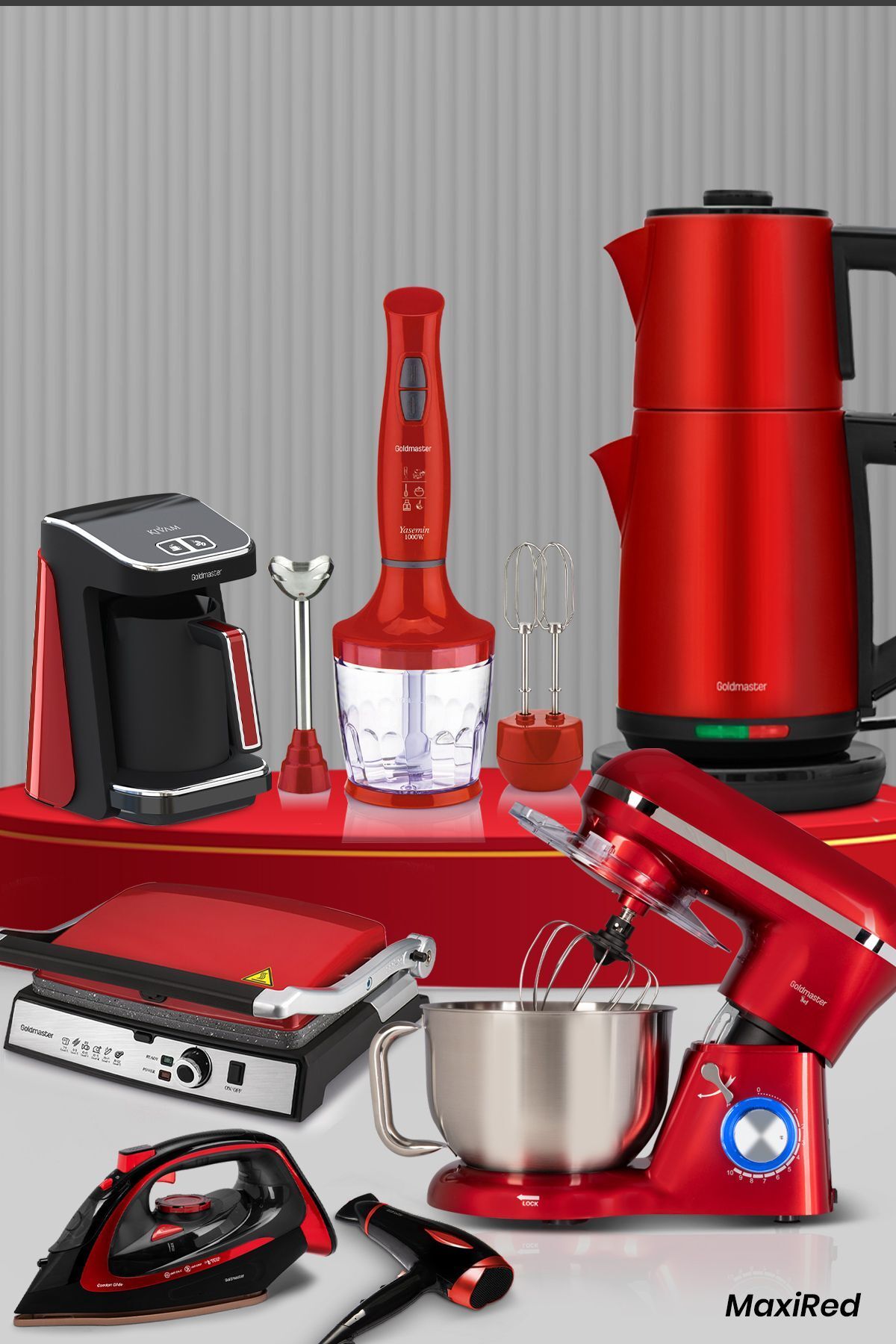 GoldMaster Maxired Parlak Kırmızı 29 Parça Avantajlı Elektronik Evlilik Paketi Elektrikli Mutfak Çeyiz Seti