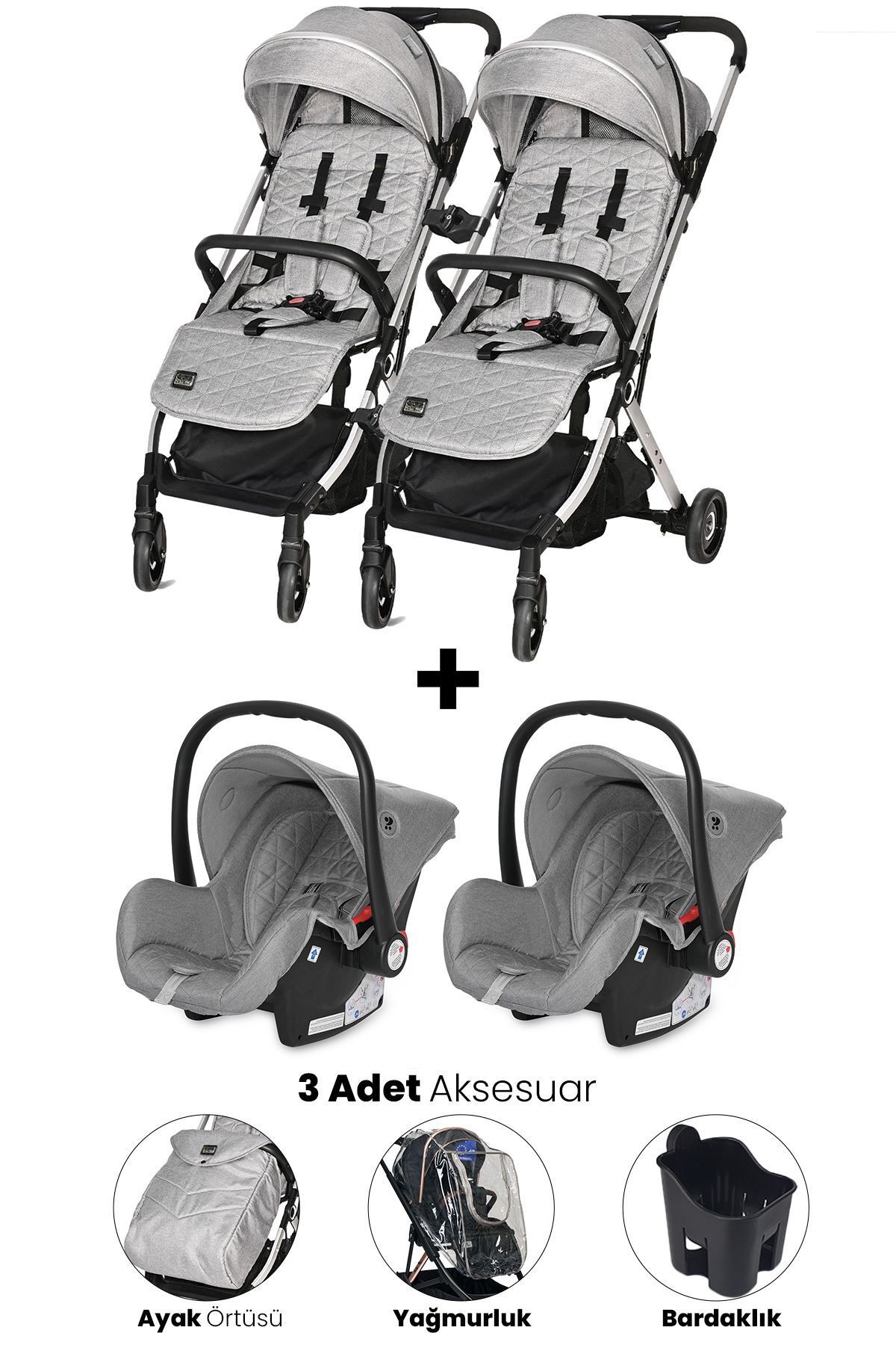 LORELLİ Myla Ayrılıp Birleşebilen Kabin Set Ikiz Bebek Arabası - Grey