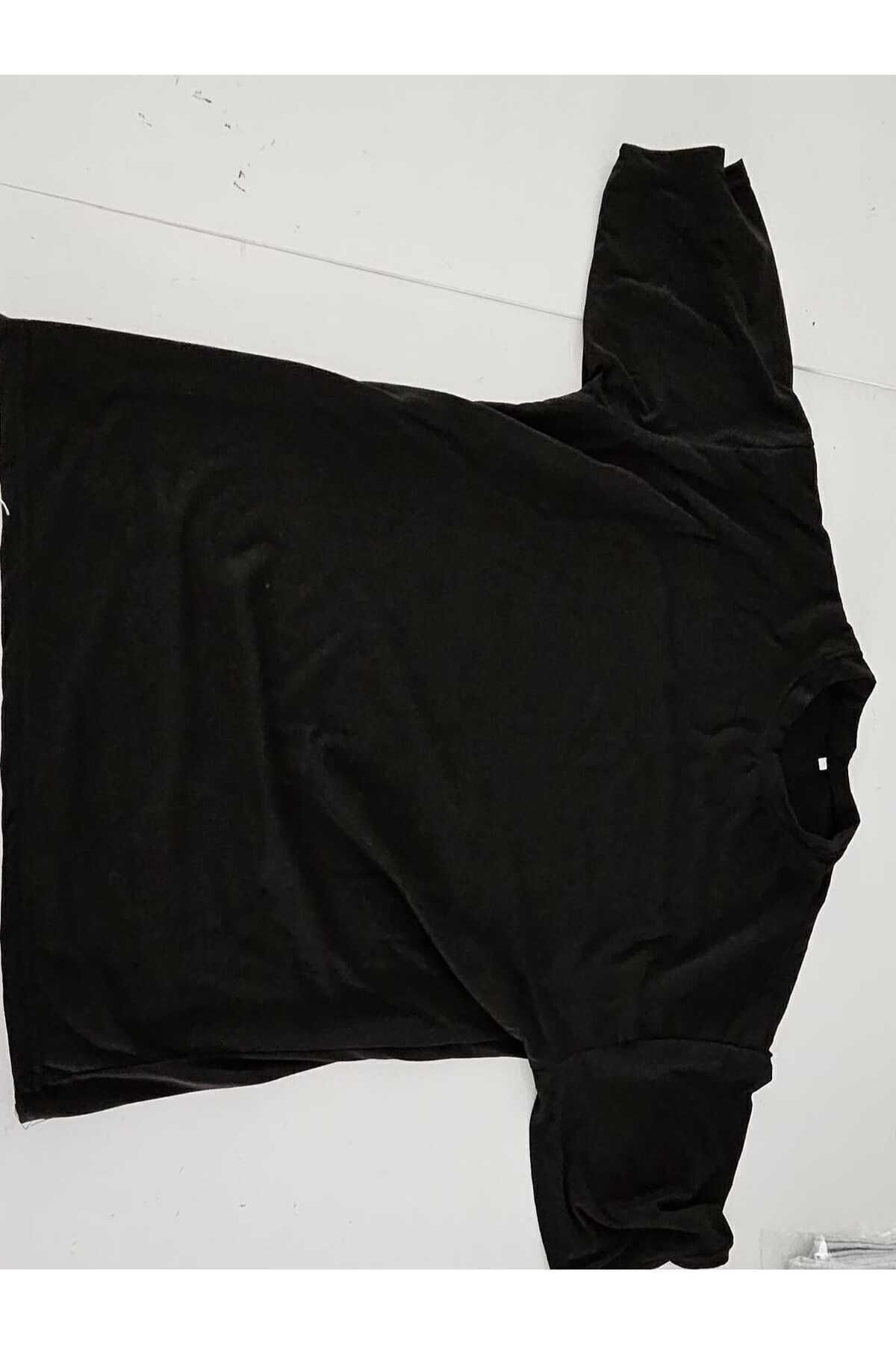 JAKARLI Unisex Pamuk Siyah Bisiklet Yaka Oversize Boyfriend T-shirt