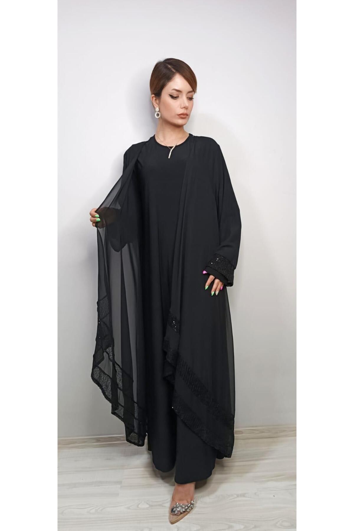 Nova ABİYENOVA siyah Kol ve pile detaylı büyük beden tesettür abaya elbise