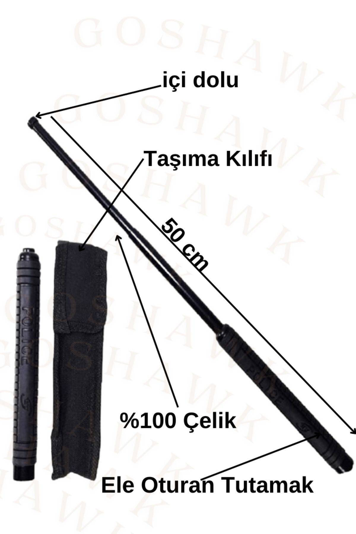 goshawk 50 Cm Çelik Orijinal Teleskopik Krom Jop-cop %100 Çelik Içi Dolu (KILIF DAHİL)