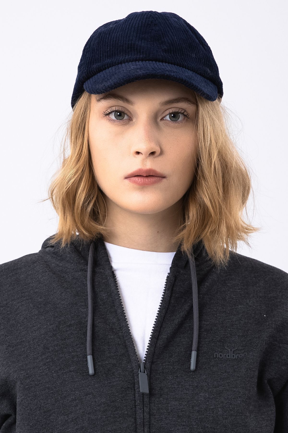 Nordbron Kadın Lacivert %100 Pamuklu Fitilli Kadife Şapka Iç Astarlı Arkadan Ayarlanabilir Kep Lony