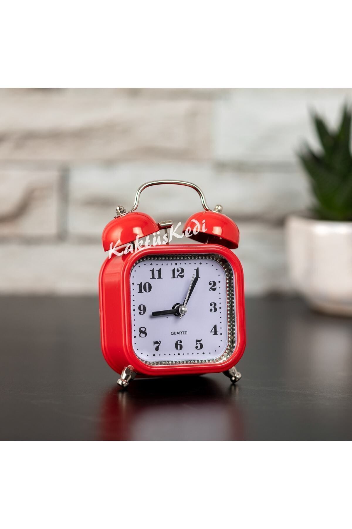 KaktüsKedi Mini Alarmlı Metal Işıklı Masa Saati - Çalar Saat