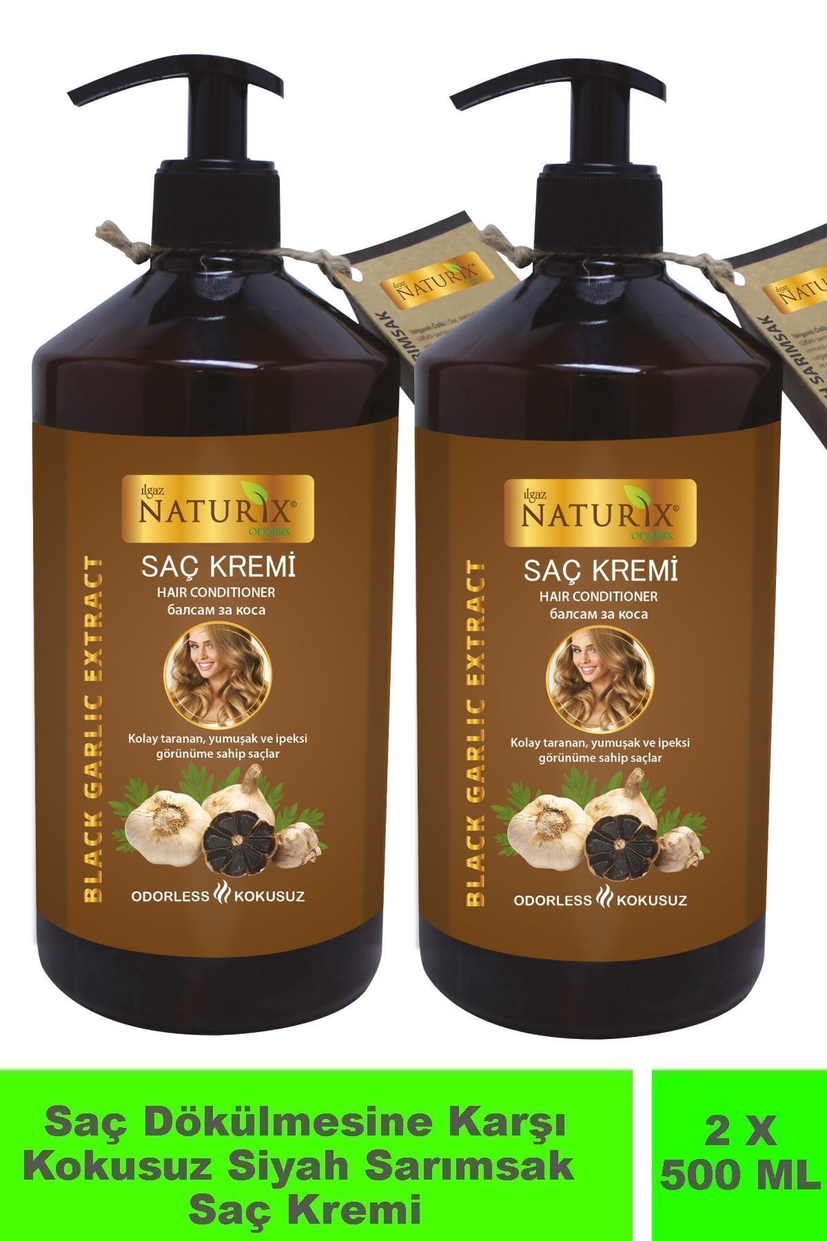 Ilgaz Naturix Organix 2'li Saç Dökülme Karşıtı Doğal Siyah Sarımsak Özlü 500 ml Saç Bakım Kremi Kara Sarımsak Saç Kremi